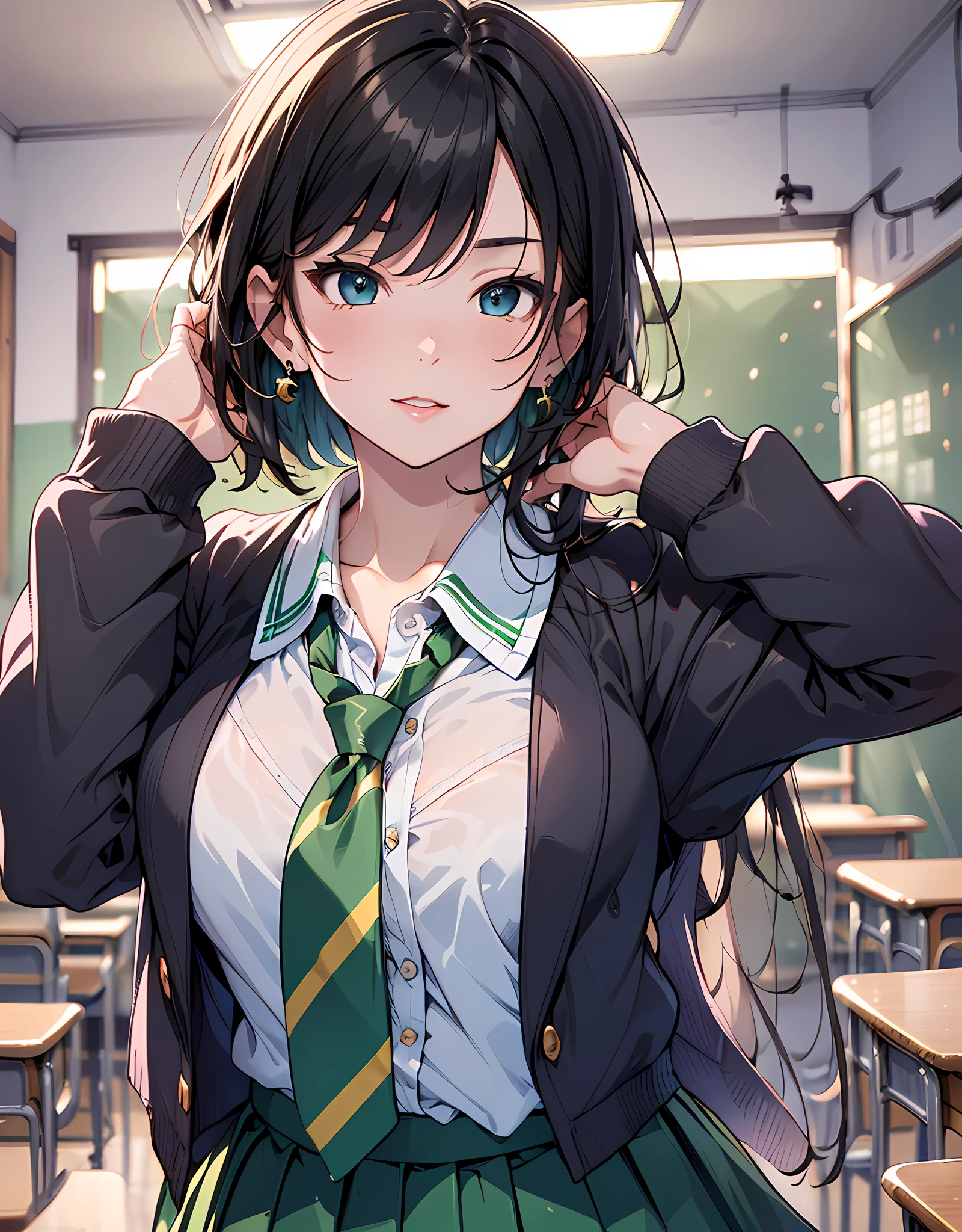 (masterpiece, best quality:1.37), highres, ultra-detailed, ultra-sharp, BREAK, Japanese school girl model, 1girl, (beautiful anime face, cute face, detailed face), (black hair, short hair, bangs), blue eyes, jewelry, earrings, piercing, BREAK, ((detailed school girl uniform:1.5), (detailed collard sailor shirt:1.3), (yellow tie:1.3), (dark-green pleats skirt:1.3), lovely look, detailed clothes), light smile, closed mouth, parted lips, pink lipstick, BREAK, standing, look back, from behind, cowboy shot, detailed human hands, HDTV:1.2, ((detailed school room background:1.3)), 8 life size, slender, anime style, anime style school girl, perfect anatomy, perfect proportion, inspiration from Kyoto animation and A-1 picture, late evening, excellent lighting, bright colors, clean lines, photorealistic