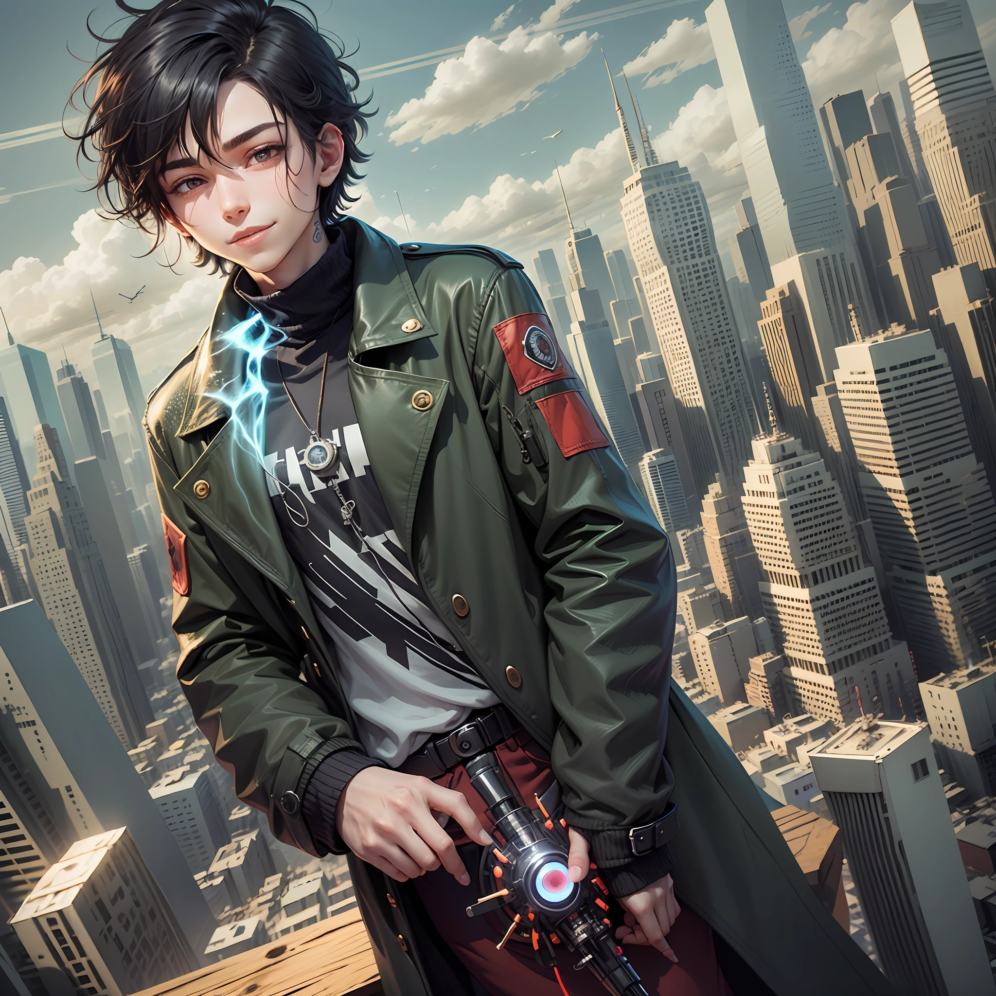 Back Knife Black Short hair Black hair Coat Trench Black Black pupils Modern clothes Drone hanging around it Black drone One side of the drone has a red electronic eye Drone cube Drone has a futuristic feel Teen standing on top of the mountain looking at a city Line section The knife is drawn diagonally below the black sheath The handle is red tassel The teenagerrs an iris Clear invisible Teenager hastattoos and hands in his pockets and smiles --auto