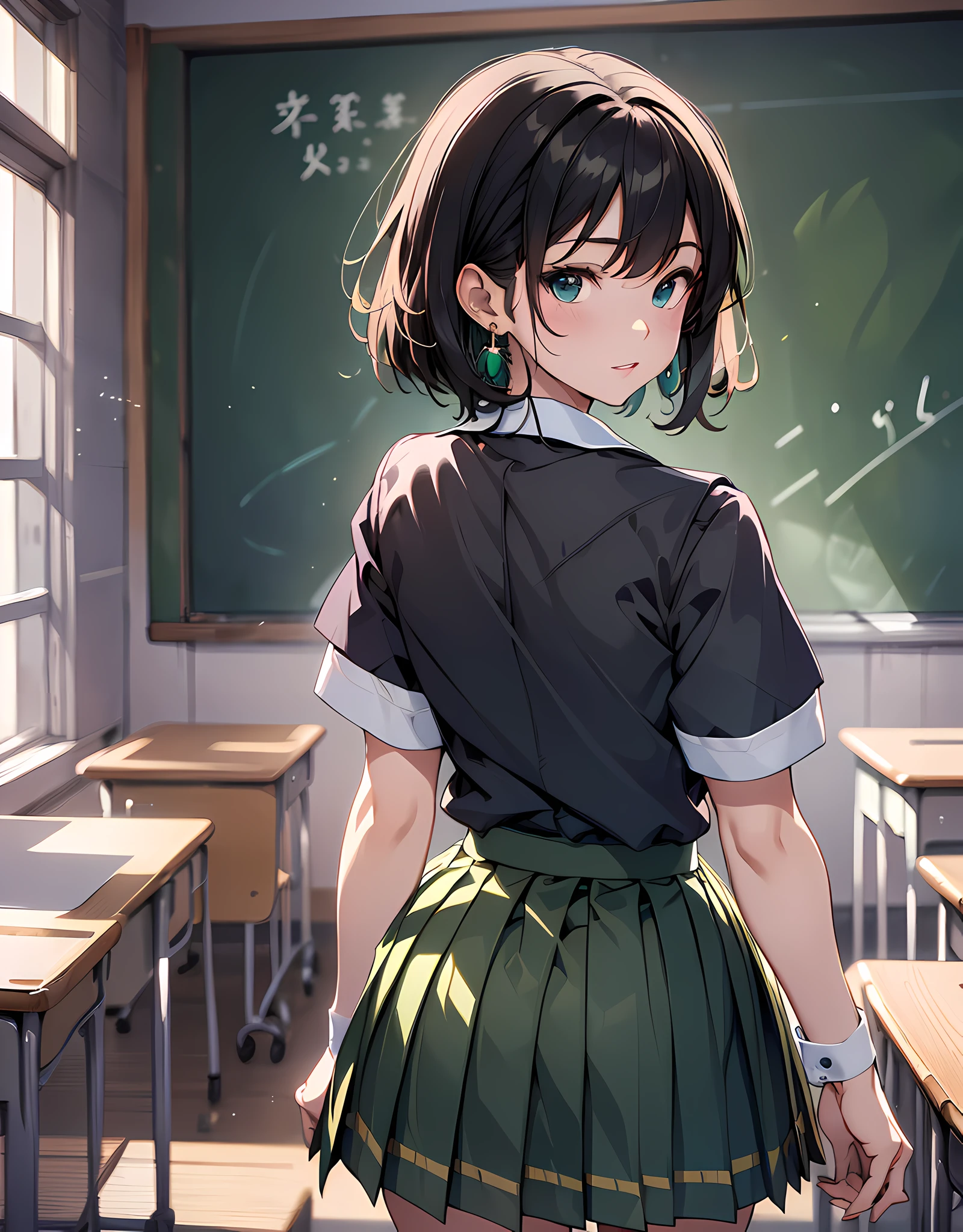 (masterpiece, best quality:1.37), highres, ultra-detailed, ultra-sharp, BREAK, Japanese school girl model, 1girl, (beautiful anime face, cute face, detailed face), (black hair, short hair, bangs), blue eyes, jewelry, earrings, piercing, BREAK, ((detailed school girl uniform:1.5), (detailed collard sailor shirt:1.3), (yellow tie:1.3), (dark-green pleats skirt:1.3), lovely look, detailed clothes), light smile, closed mouth, parted lips, pink lipstick, BREAK, standing, look back, from behind, cowboy shot, detailed human hands, HDTV:1.2, ((detailed school room background:1.3)), 8 life size, slender, anime style, anime style school girl, perfect anatomy, perfect proportion, inspiration from Kyoto animation and A-1 picture, late evening, excellent lighting, bright colors, clean lines, photorealistic