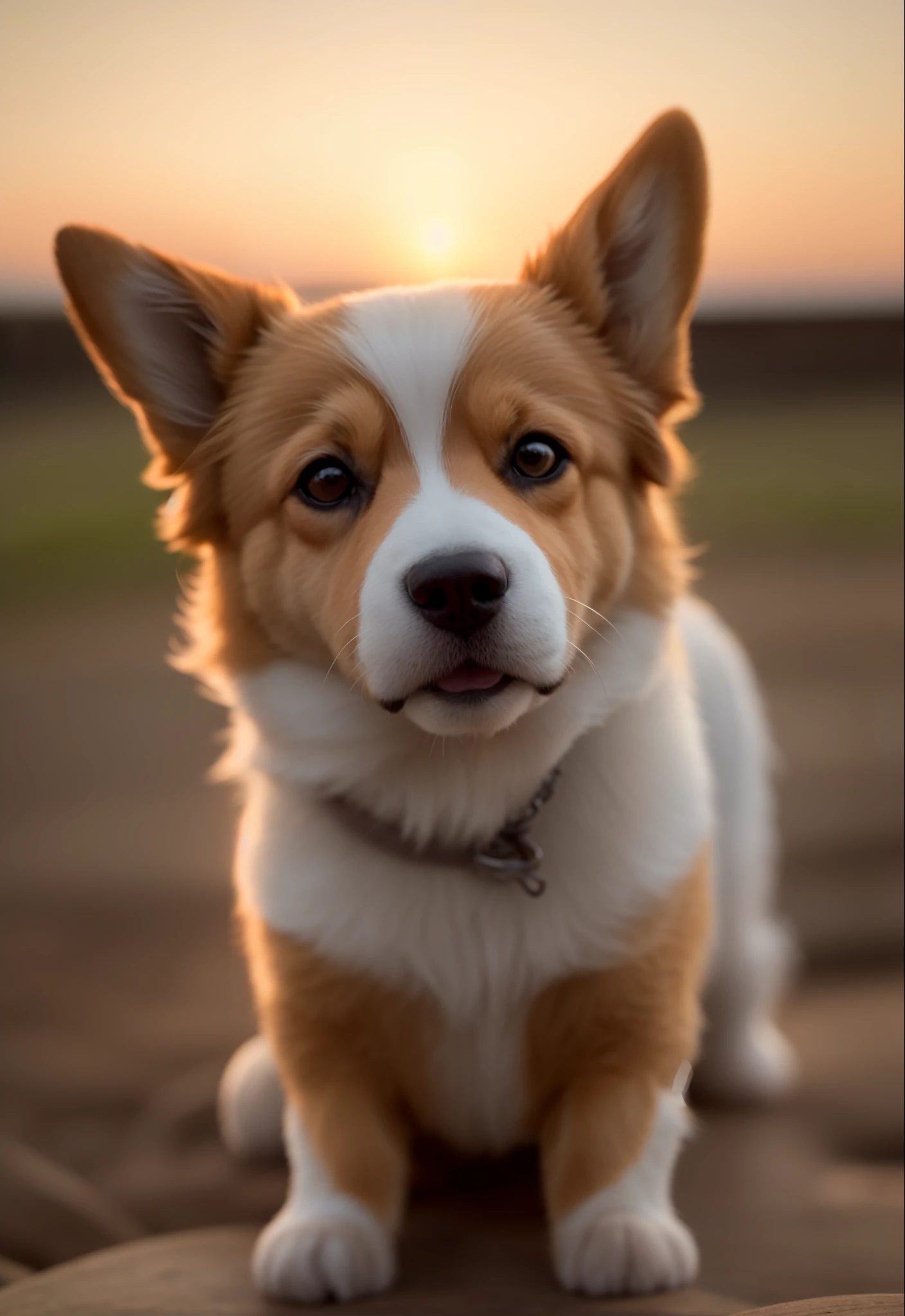 Happy little corgi，Squint at you，The expression dislikes what you mean，，close up photograph，the sunset，80mm，f/1.8，degrees of freedom，Bokeh，depth of fields，sub surface scattering，Pointillism