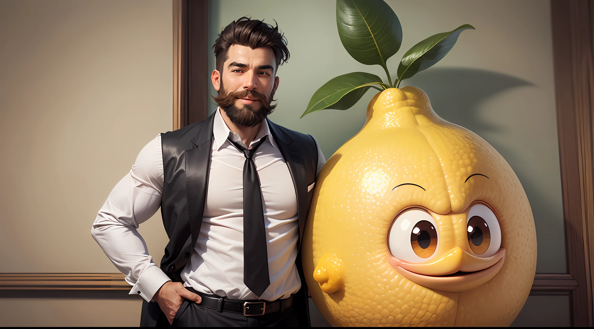 A large lemon, standing upright, with arms and legs, eyes and mouth. The lemon is green and looks fresh and juicy. The arms and legs are short, and the eyes are large and bright. The mouth is small and pink, and it is smiling. The lemon is standing and the image is of very high quality. The lemon's face is that of a man, with short black hair, a beard and mustache. He is wearing a white shirt and a black tie. Lemon has a friendly expression and is smiling. The image is fun and catchy. --auto --s2