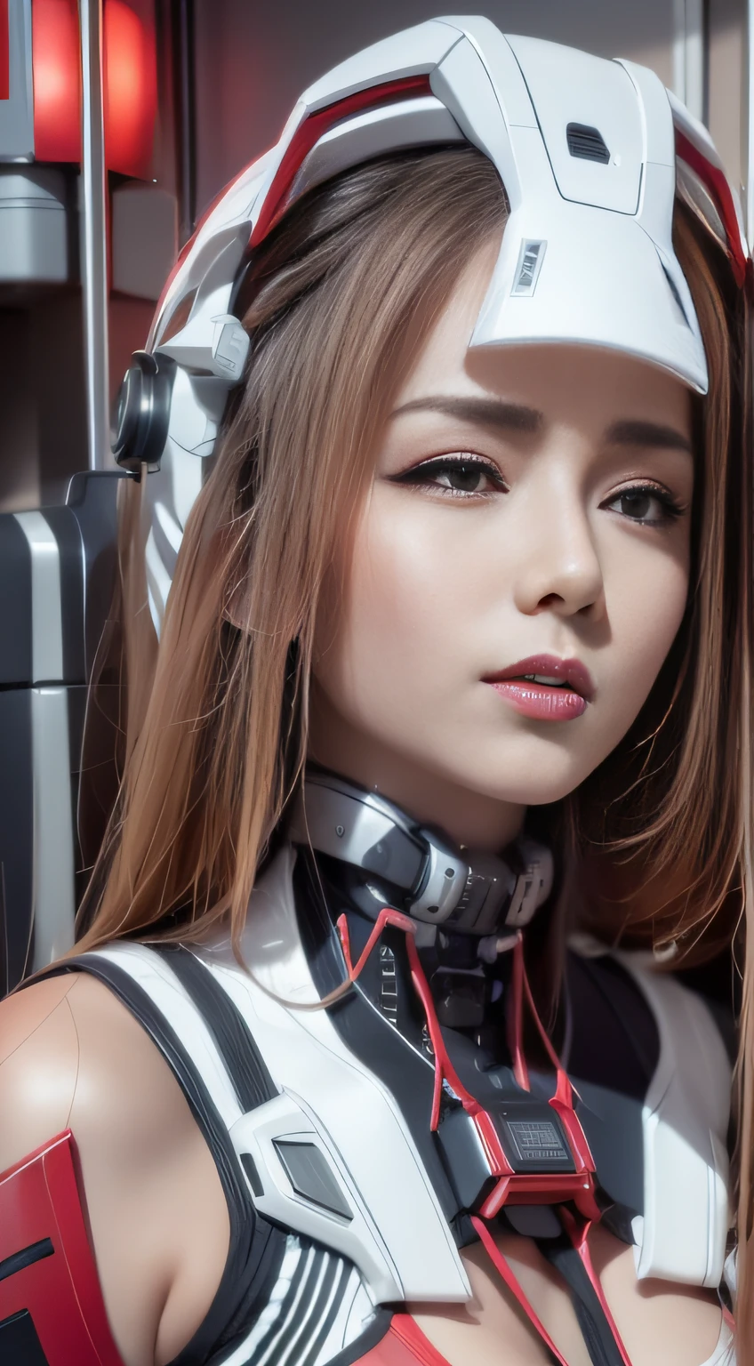 Highest image quality，Outstanding details，超高分辨率，（Fidelity：1.4），The best illustration，Favor the details，closeup cleavage，A mech girl，He has a delicate and beautiful face，（（Red and white semi-mechanical body：1.8）），Short milky white hair, Raised sexy，乳溝, frontage，onbed, cyber punk perssonage，Futuristic，mechanically aesthetic，Complex machinery，The background is a high-tech lighting scene in the future city，Virtual Engine 5，Perfect detail rendering，rendering by octane，hyper HD