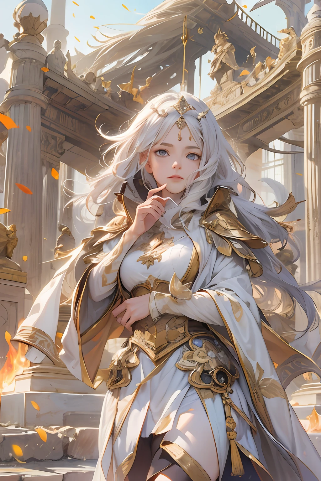 (hoang lap,A high resolution,ultra - detailed),1womanl,a matural female,Idade,wavy and long hair,whaite hair,黑The eye,By bangs,longer sleeves,Fine eyes and detailed face,Bust,the Extremely Detailed CG Unity 8K Wallpapers,Complicated details,looking-down,独奏,Half shot,详细的脸,Stoic expression,dynamicposes,floated hair,Classical era,(Ancient Roman theme:1.1),Roman mythology,Roman, Capua, Ancient vineyards, Oracle, cloaks, Iron fittings, ancient themes, (Prosperous Civilization:1.1), Original white marble, (Intact:1.1) Marble building, Hills in the background, braziers, Burning embers, the night, darkly, As estrelas, The halo of light, majestic atmosphere, Floating stone particles, sportrait, The wind rotates
