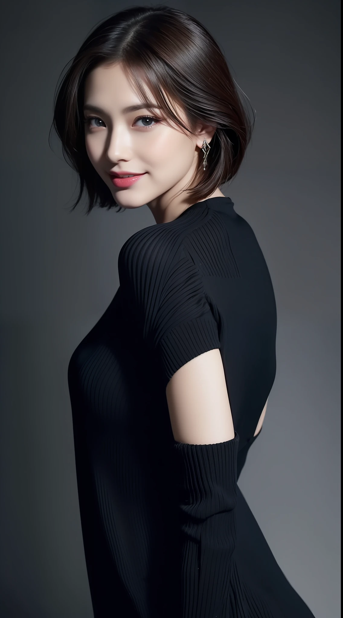 (top-quality、8k、masterpiece:1.3))、Only one beauty、a smile、Full body slim、Slim Faces、Model Beauty、(dark brown hair)、hyperdetailed face、A detailed eye、二重まぶた、blured background、Slim Faces、32K、Japan woman at 25 years old、Realistic lighting、Back lighting、Facial Lights、(Whitening light:1.2)、(Image quality improvement:1.4)、(Best image quality real skin:1.3)、finely eye、Skinny face、finely eye、(Increased mood of the body line:1.1)、D-cups、(Increased beauty of skin texture:1.1)、Full body、Short bob hair、Smile like a spoiled boyfriend、modeled、a necklace、piercings、facing front、Dynamic Bose、A black knit dress with beautiful lines is worn classically with lady accessories.。Full body posture、Simple design but ready mode outfit、Background blur in restaurant、Negative Prompt;2People and above