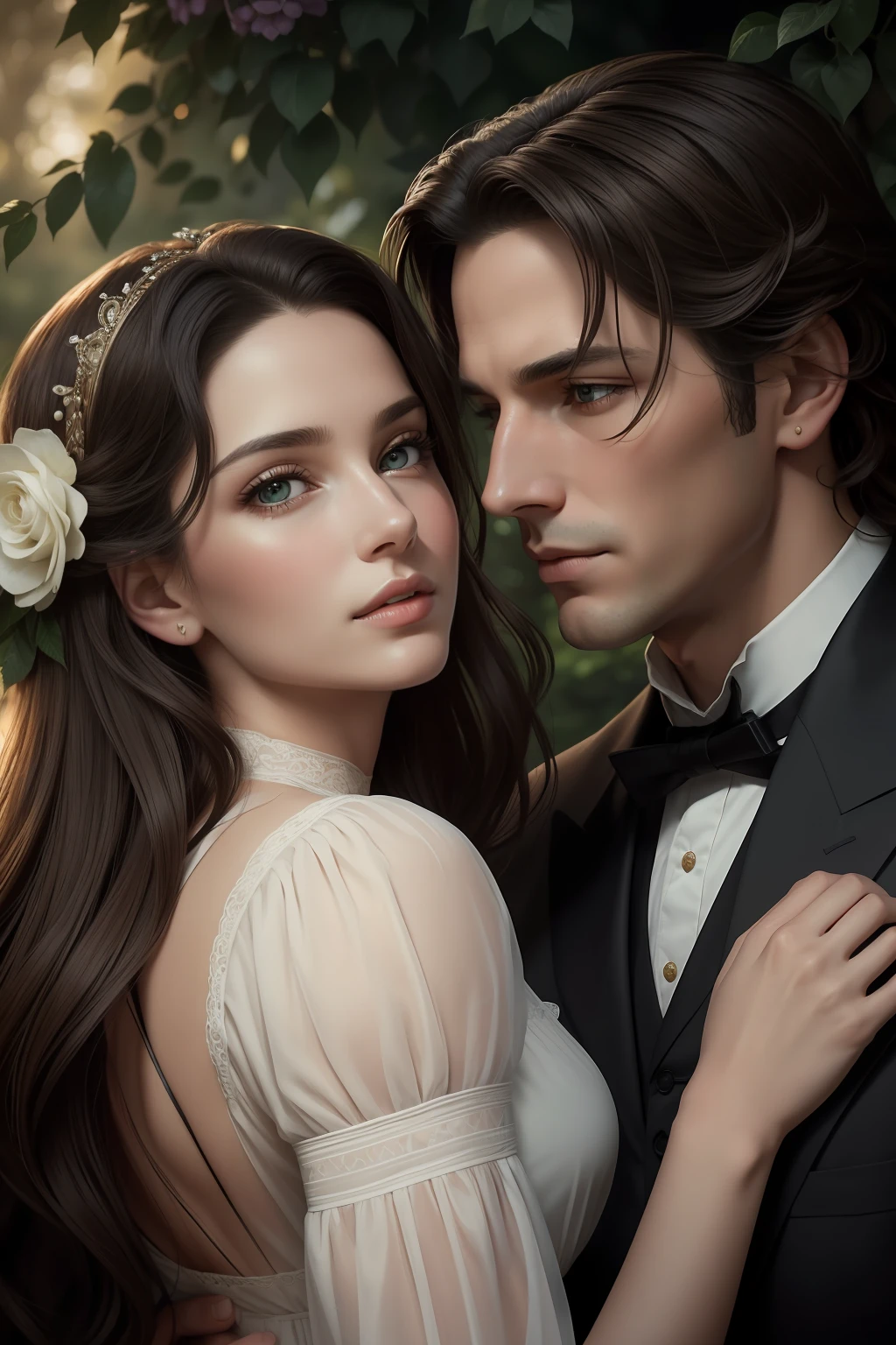 Masterpiece, best quality, RAW, analog style, A stunning portrait of a couple deeply in love in the gardens of a grand English countryside mansion in the year 1850. The man is Richard, and he is tall, strong, tanned, and handsome with his short brown wavy messy hair, brown eyes, and is around 30 years old. The woman is Julianne, delicate with black straight hair styled in a bun, dark green eyes, and full lips, around 19 years old, scarlett ohara perfectly detailed facial traits. The couple is embracing each other passionately. Create a masterpiece realistic illustration with intricate details capturing their love and emotions. Use clothes appropriate for the time period, and ensure the artwork is highly detailed. Please pay close attention to the details, such as the highlights and shadows on face and hair, to create a lifelike and realistic image. Experiment with different lighting techniques to enhance the mood and atmosphere of the portrait. The final product should be a masterpiece that captures the essence and beauty of the couple, ((highly detailed skin, skin details)), sharp focus, volumetric fog, 8k UHD, DSLR, high quality, film grain, Fujifilm XT3