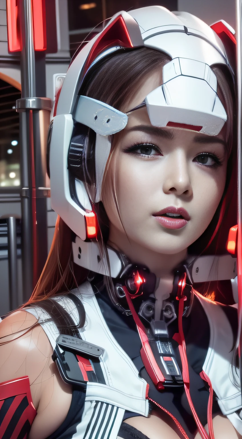 Highest image quality，Outstanding details，超高分辨率，（Fidelity：1.4），The best illustration，Favor the details，closeup cleavage，A mech girl，He has a delicate and beautiful face，（（Red and white semi-mechanical body：1.8）），Short milky white hair, Raised sexy，乳溝, frontage，onbed, cyber punk perssonage，Futuristic，mechanically aesthetic，Complex machinery，The background is a high-tech lighting scene in the future city，Virtual Engine 5，Perfect detail rendering，rendering by octane，hyper HD