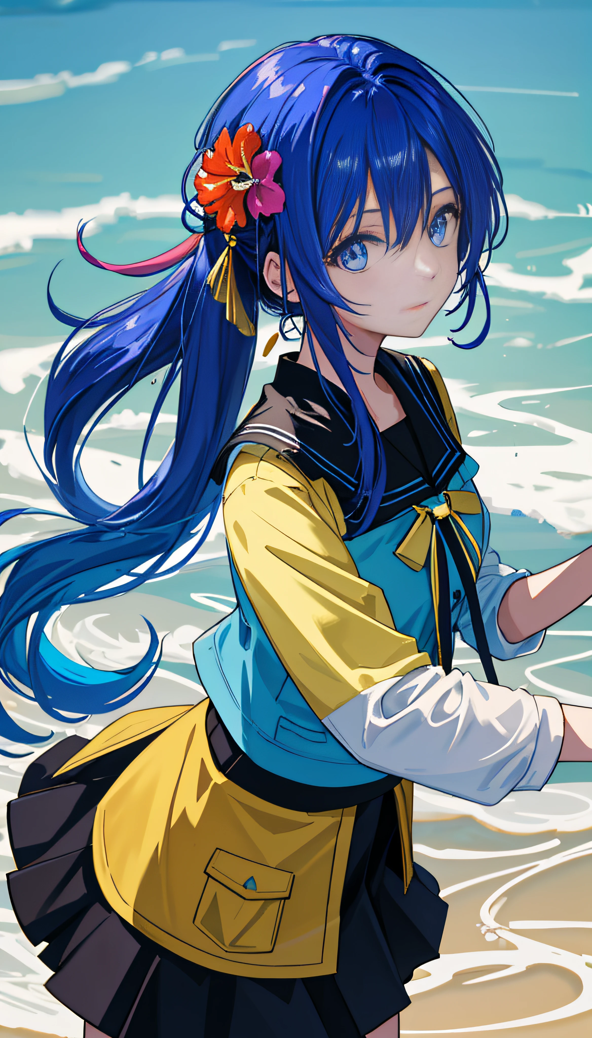 (Masterpiece), (Best quality), (Ultra detailed),(disheed hair),(illustration), (1girll), (Fashionable clothing), standing, Fashion model, view the viewer, (interview), (Simple background),美丽细致的眼睛,Delicate beauty,afloat,(high saturated),(Colorful splashes),Colorful bubbles,(Shine),Focus on the face,pony tails,Ayaka Kamisato,lightblue hair,By bangs,Hair rings,Floating flowers,floated hair,(Shiny),best illuminate,Best shadow,full bodyesbian,short skirt