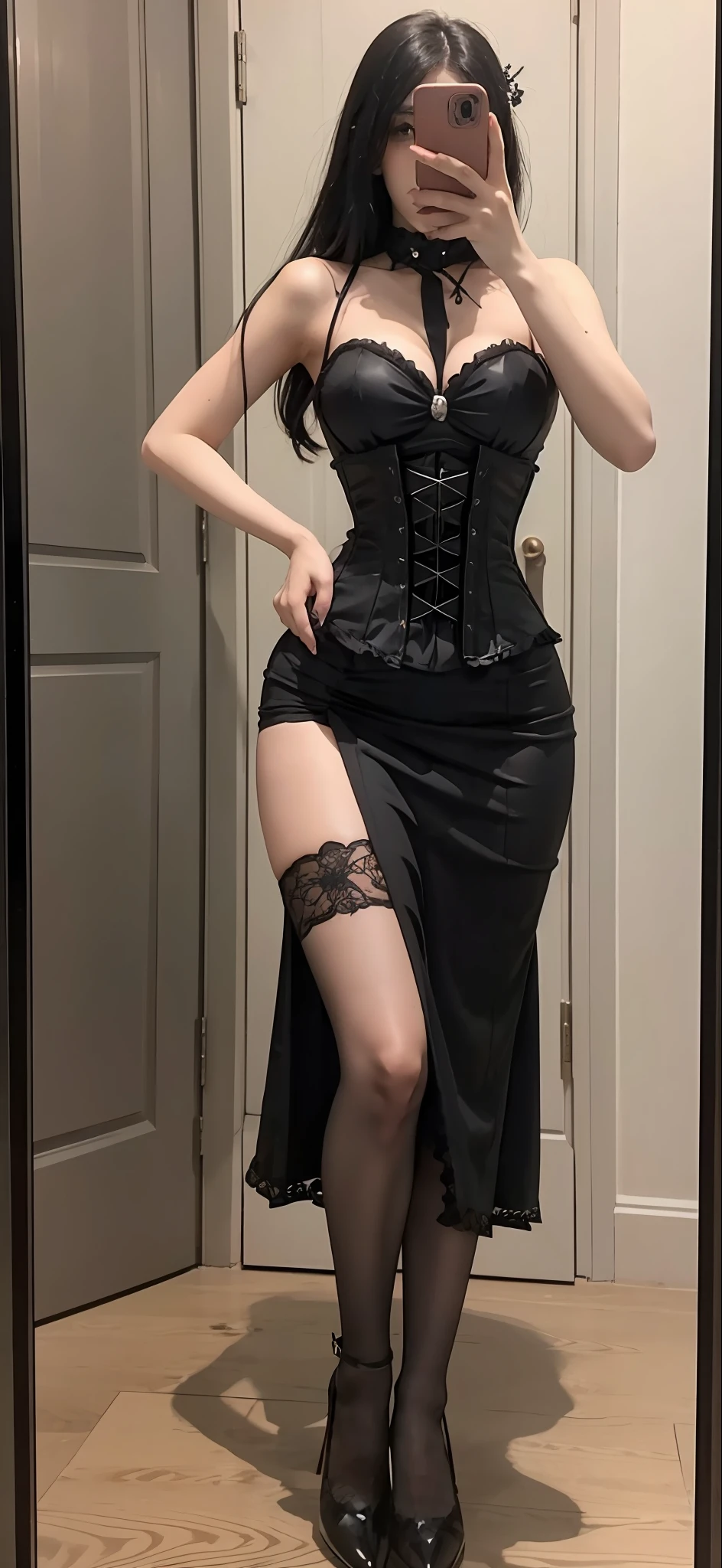 There was a woman taking a picture of herself,A woman in a black dress and corset, wearing a gothic dress, amouranth, mais conhecido como Amouranth, gothic clothing, wearing modern gothic clothes, young beautiful amouranth, frilly outfit, amouranth as a super villain, pale goth beauty, wearing a corset, succubus in tight kilt, fantasyoutfit