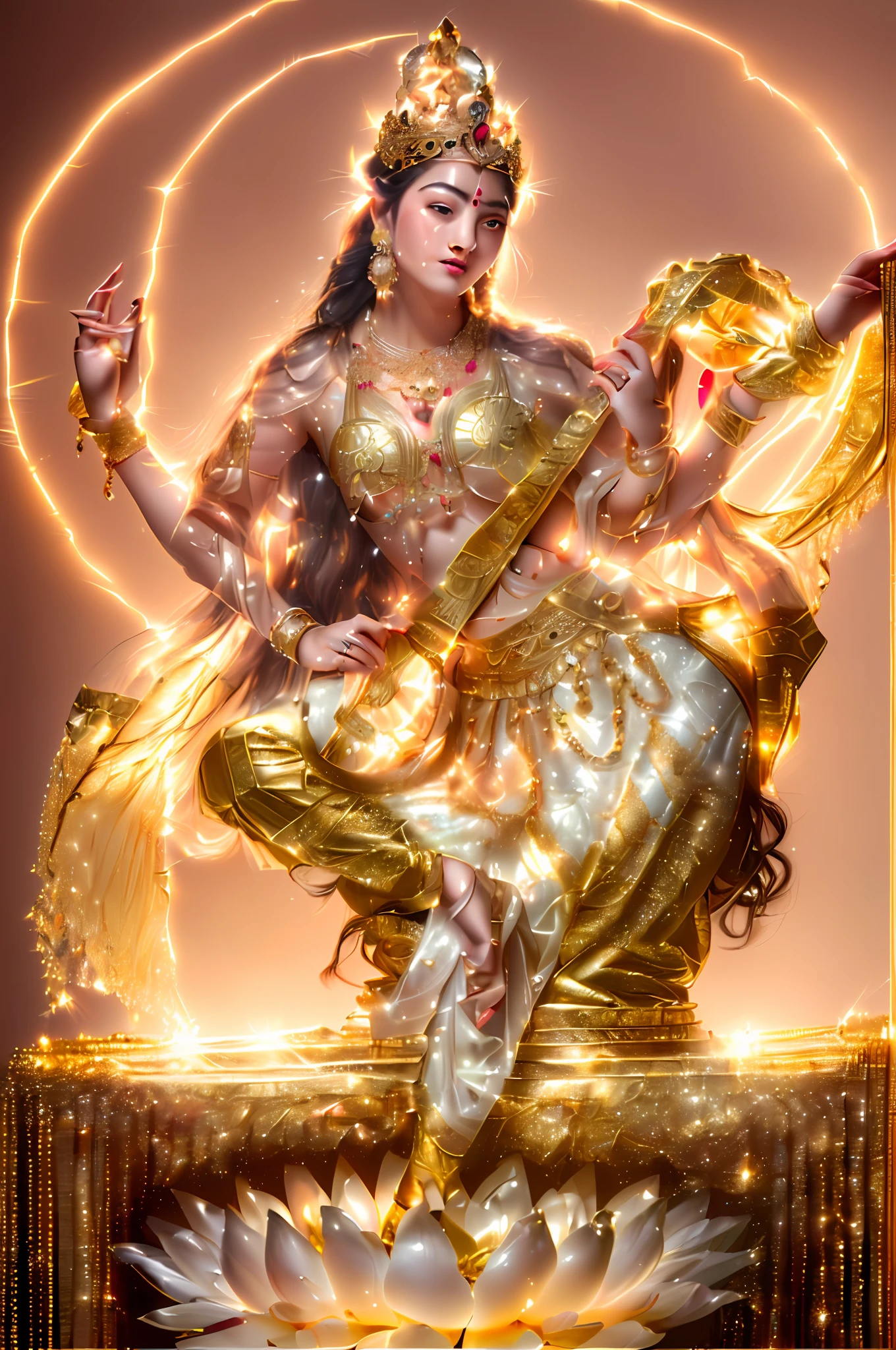 Beauty playing sita on lotus, Beautiful figure，White skin of the，Delicate，（primitive：1.2），（realisticlying：1.4），（Sharpness：1.2），（A woman who is），16 yaers old，(((body high：1.5))),（（（Gemstones refract dazzling light））），（（middlebreast：1）），（Abs：0.7），（glute：1.2），(healthy-looking skin， Thin skin， seductiveexpression， 二重まぶた，Jelly textured lips， Glowing lips，Small upturned lips，There is an eye in the middle of the forehead，（No clothes），The skin shines，(((Flawless skin texture)))，Real pores，ctextured skin，choker necklace，Yingluo，（Wear gemstones，pearls，hisui，amber，），（（Gorgeous and exquisite crown，gemstone setting）），（Dynamic hair，Hair hanging down the shoulders，Beaded hairpins，Nobile，Wet skin texture），Glossy glossy skin，Glowing skin，Radiant hair，eyes looking at the lens，The head is illuminated with an aperture，The body shines，
 High quality detailing， Cinematic lighting，,absurderes, unbelievable Ridiculous, hugefilesize, ultra - detailed, A high resolution, The is very detailed，best qualtiy，tmasterpiece，illustratio，The is very detailed，CG，unified，8k 壁纸，Amazing Cleavage，finely detailled，tmasterpiece，(((dynamicposes)))，((Correct anatomy)),(((Correct dissection))，