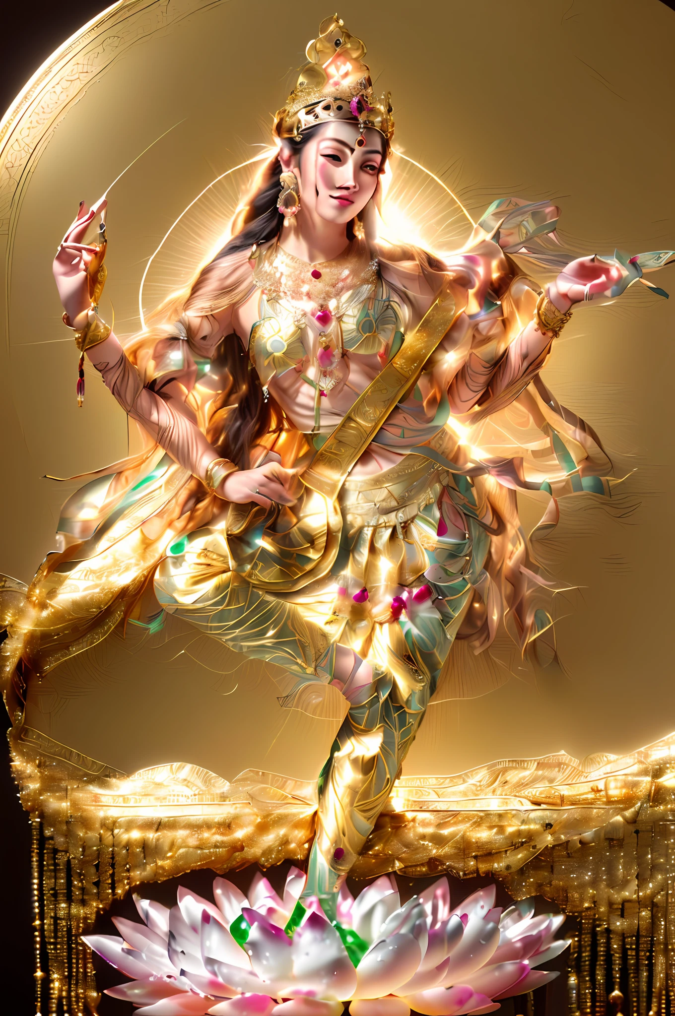 Beauty playing sita on lotus, Beautiful figure，White skin of the，Delicate，（primitive：1.2），（realisticlying：1.4），（Sharpness：1.2），（A woman who is），16 yaers old，(((body high：1.5))),（（（Gemstones refract dazzling light））），（（middlebreast：1）），（Abs：0.7），（glute：1.2），(healthy-looking skin， Thin skin， seductiveexpression， 二重まぶた，Jelly textured lips， Glowing lips，Small upturned lips，There is an eye in the middle of the forehead，（），The skin shines，(((Flawless skin texture)))，Real pores，ctextured skin，choker necklace，Yingluo，（Wear gemstones，pearls，hisui，amber，），（（Gorgeous and exquisite crown，gemstone setting）），（Dynamic hair，Hair hanging down the shoulders，Beaded hairpins，Nobile，Wet skin texture），Glossy glossy skin，Glowing skin，Radiant hair，eyes looking at the lens，The head is illuminated with an aperture，The body shines，
 High quality detailing， Cinematic lighting，,absurderes, unbelievable Ridiculous, hugefilesize, ultra - detailed, A high resolution, The is very detailed，best qualtiy，tmasterpiece，illustratio，The is very detailed，CG，unified，8k 壁纸，Amazing ，finely detailled，tmasterpiece，(((dynamicposes)))，((Correct )),(((Correct dissection))，