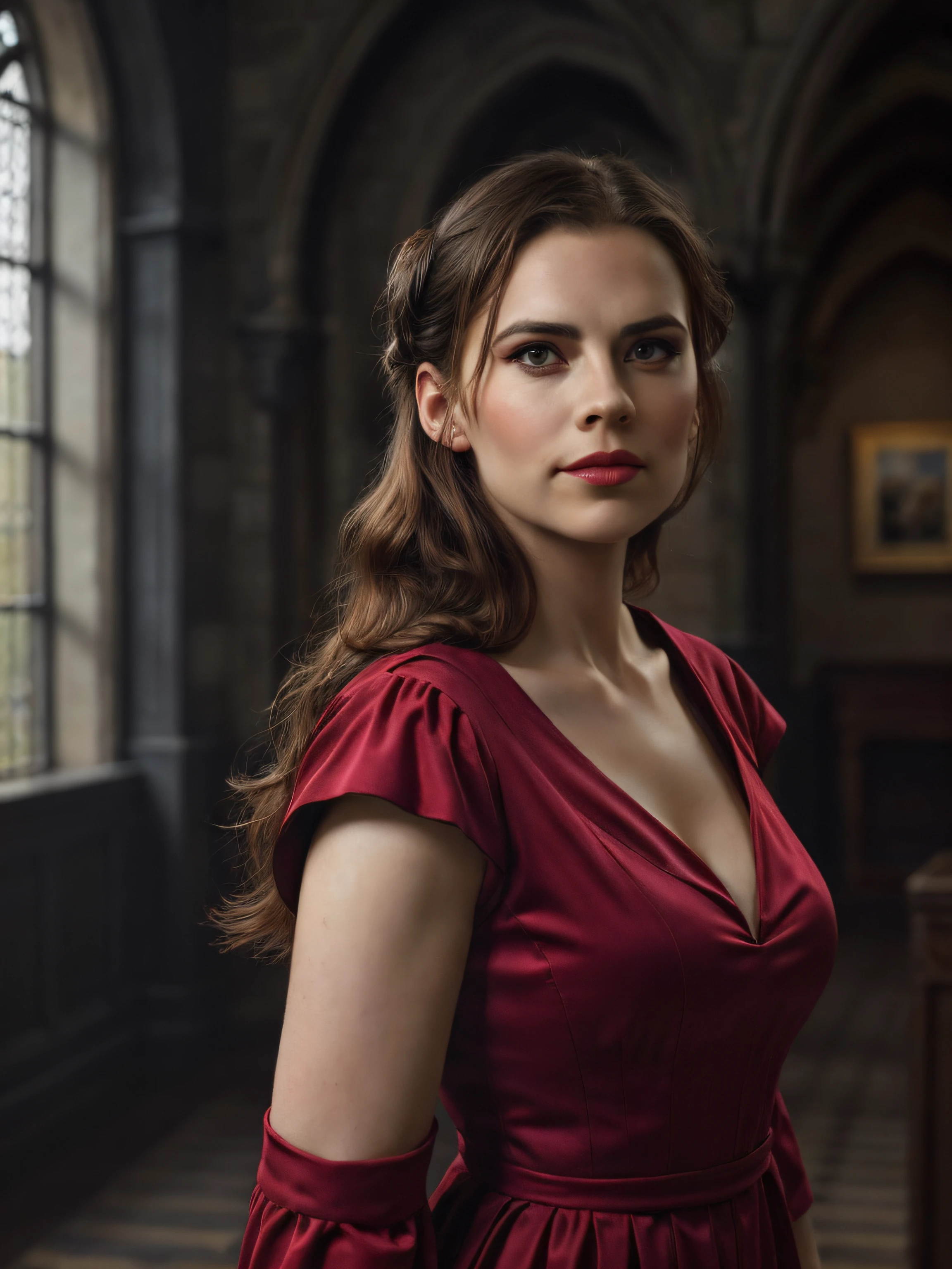 (Thirty year old) woman, standing, wearing a (floor length scarlet red Victorian dress:1.2), beautiful legs, dreamy photo, looking straight at camera, slight smile, blood red lips, dark eye make-up, beautiful gothic building, cloisters, Victorian gothic, gothic architecture, misty, andre kohn, Canon, (Detailed features::1.2), real life. Hayley Atwell, intricate, 8k, highly detailed, (extremely detailed CG unity 8k wallpaper), ((square jaw)), (well defined jaw), (downturned lips), (detailed anatomy), Hyperrealistic full shot body image, trending on CGSociety, Intricate, High Detail, Sharp focus, dramatic, volumetric lighting, digital painting, intense, modelshoot style, (extremely detailed CG unity 8k wallpaper), full shot body photo of the most beautiful artwork in the world, pearl skin, professional majestic oil painting by Ed Blinkey, Atey Ghailan, Studio Ghibli, by Jeremy Mann, Greg Manchess, Antonio Moro, trending on ArtStation, photorealistic painting art by midjourney and greg Rutkowski