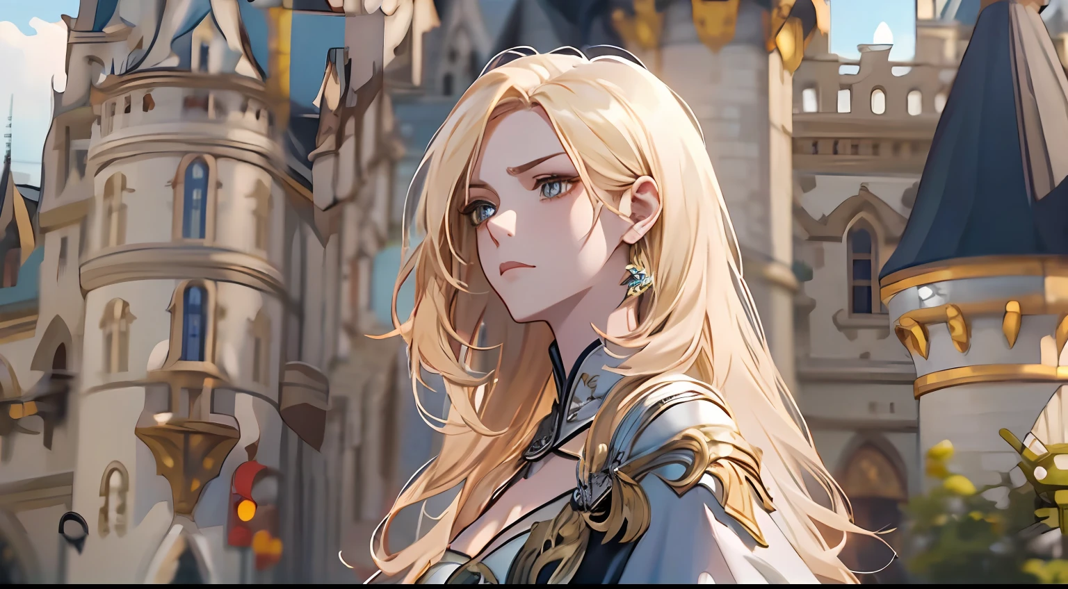 Master masterpieces，extreme hight detail，detail in face，Fine face，8K，（（full bodyesbian）），blond hairbl，mid hair，The background is the castle，Plaza，saddened，Sad，