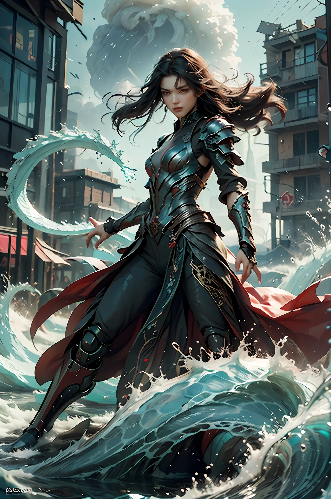 {{master piece}}, pinnacle rendering, realistic rendering, dark red rendering, metal rendering, {{color ink painting}}}, {{splash ink}}}, {{color}}, {{color}}, gorgeous rendering, best quality, illustration, flame, smoke, doomsday world, splash ink fire sea doomsday, full body, 1 girl, exquisite facial details, delicate facial features, real face, beautiful details eyes, deep pupils, broken city details, beautiful details long hair, wavy hair, broken detail street, transparent mechanical core, cyborg girl, detail, cool, tight grooming, lace finishing, linear light costume retouching, light rendering, reflection, highlight, holy light, confidence, charm, battle stance detail close-up, fire day, {filigree}, colored background, a dragon stands behind the girl, sea of fire, {tornado special effects}, beautiful details red dragon armor, (cold face, confident) great depth, depth of field, 360° panoramic picture, fierce and magnificent battle scenes, broken mirrors, fingers all hidden and not displayed, small mouth closed