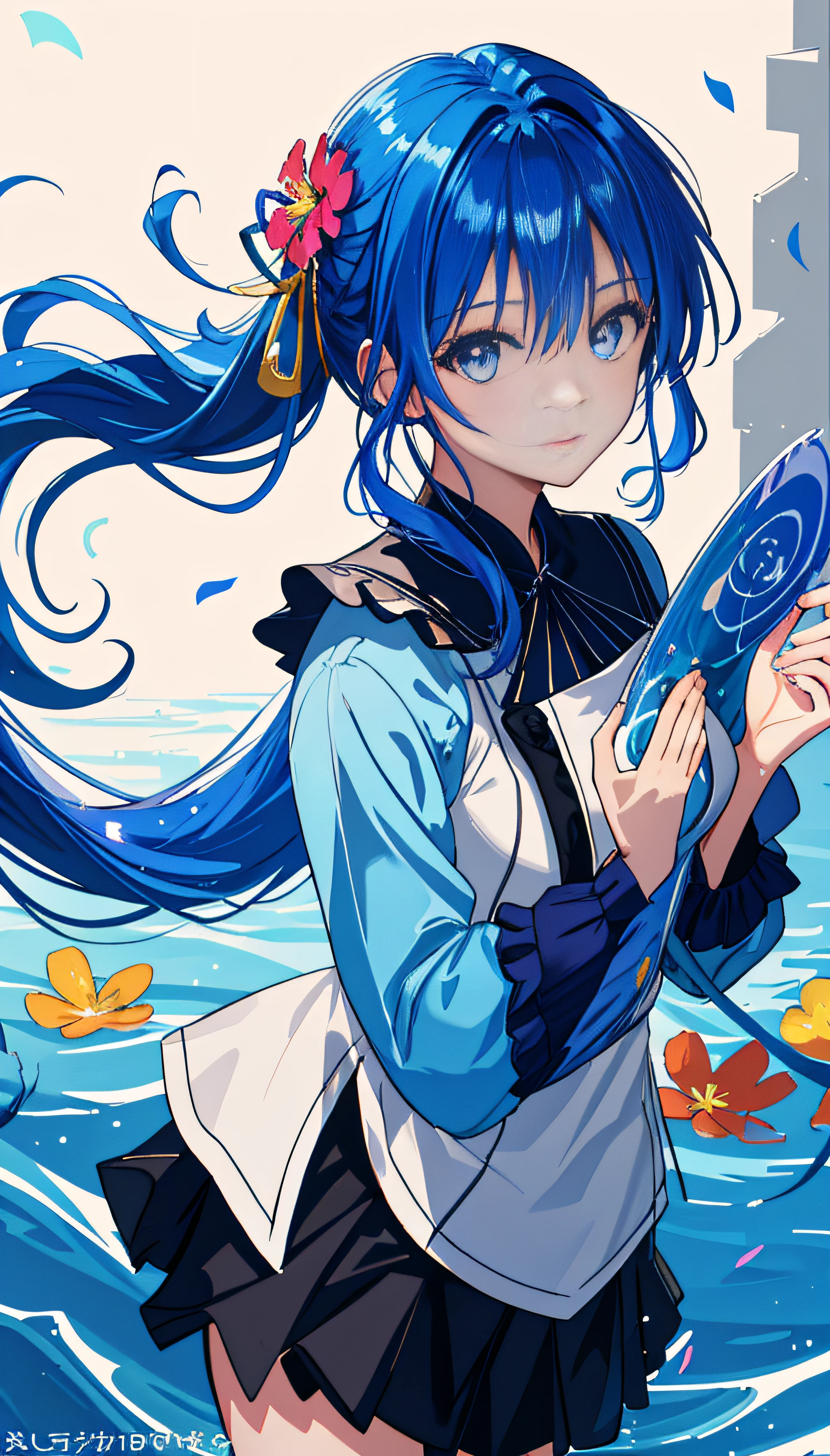 (Masterpiece), (Best quality), (Ultra detailed),(disheed hair),(illustration), (1girll), (Fashionable clothing), standing, Fashion model, view the viewer, (interview), (Simple background),美丽细致的眼睛,Delicate beauty,afloat,(high saturated),(Colorful splashes),Colorful bubbles,(Shine),Focus on the face,pony tails,Ayaka Kamisato,lightblue hair,By bangs,Hair rings,Floating flowers,floated hair,(Shiny),best illuminate,Best shadow,full bodyesbian,short skirt