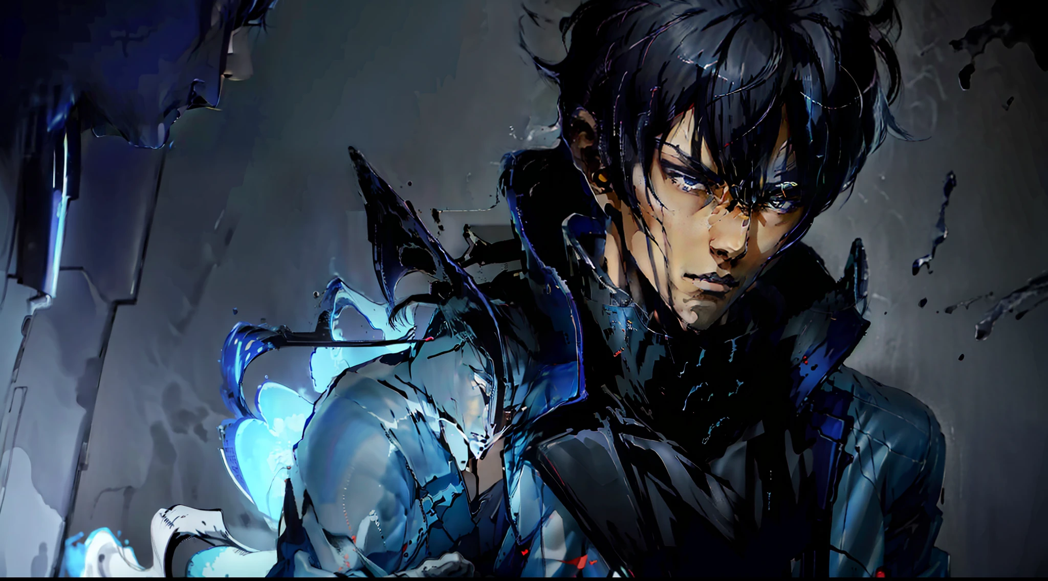 anime, a man with black hair and blue eyes, wearing a blue jacket, tall anime guy with blue eyes, grim Gapmoe Yandere, menacing look, Hijikata Toushirou of gintama, inspired by Okumura Masanobu, activating the anime art style, Nobutaka Ike, the night fight raging behind him. The highest image quality, everything in detail.