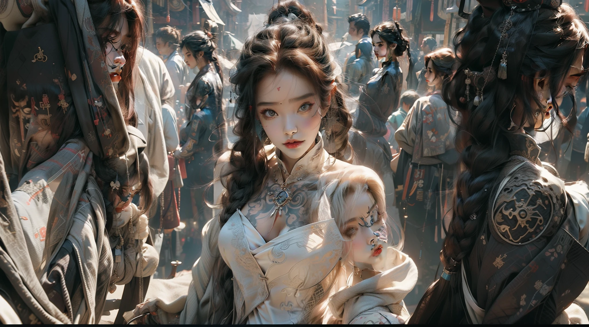 Puzzled eyes,Focus on the eyes,tattoo on the face,Cyberpunk headdress,Cyberpunk shoulder armor,Thick clothes,Matte clothes,insanely details,Simplified background,one-girl,White cheongsam,Loose,sculpted,Hanfu,Cyberpunk Chinatown,Hanfu,white clothes,Chinese streets,cyber punk style,up-close,Wide shot, (From above:1.4), Wide-angle, Ultra-wide angle,, Sony FE GM