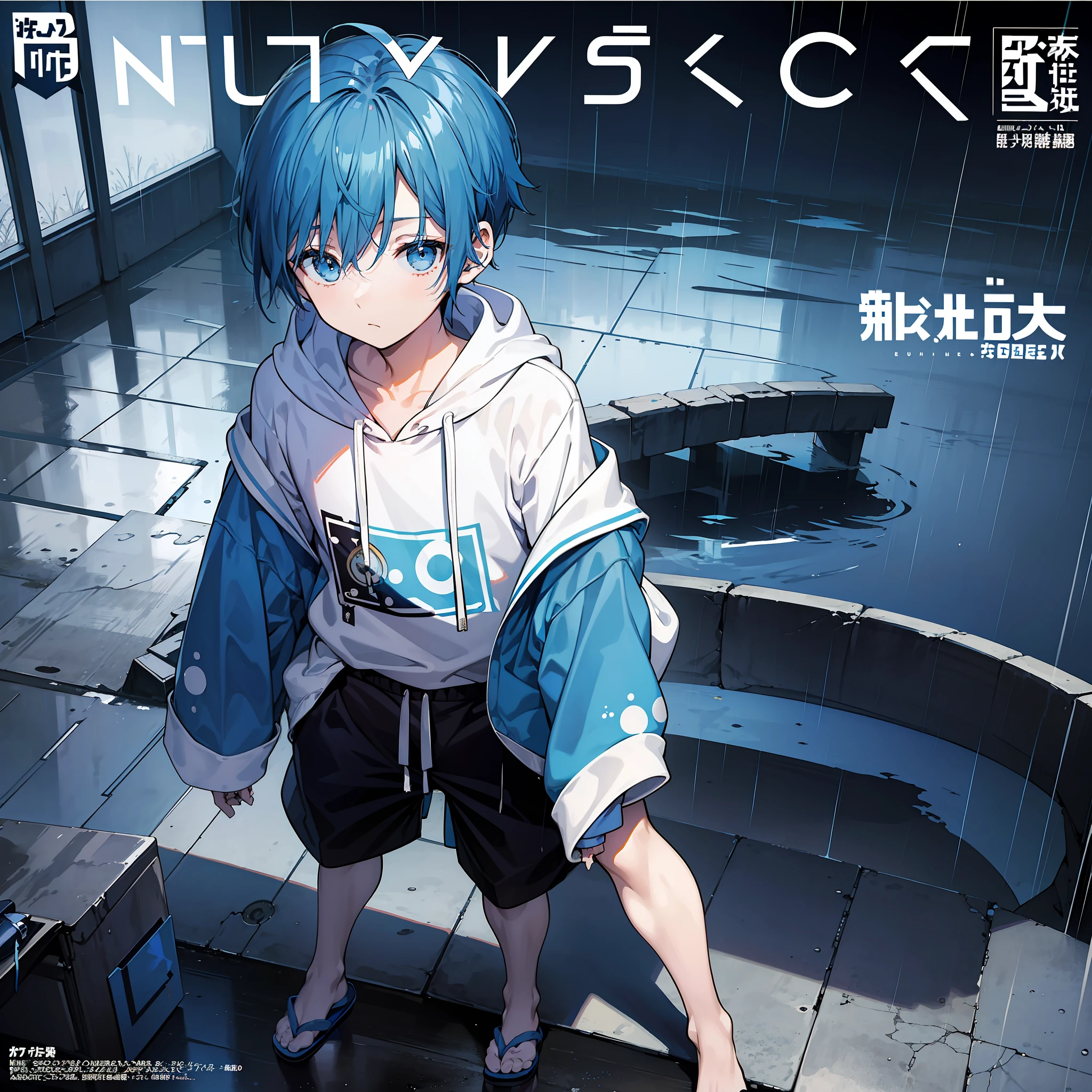 masterpiece, best quality, full body, (1boy), (blue hoodie), (Boy Messy Japanese Round Haircut for Thick Hair), (blue hair), black shorts, (solo), (magazine:1.3), (cover-style:1.3), fashionable, rain