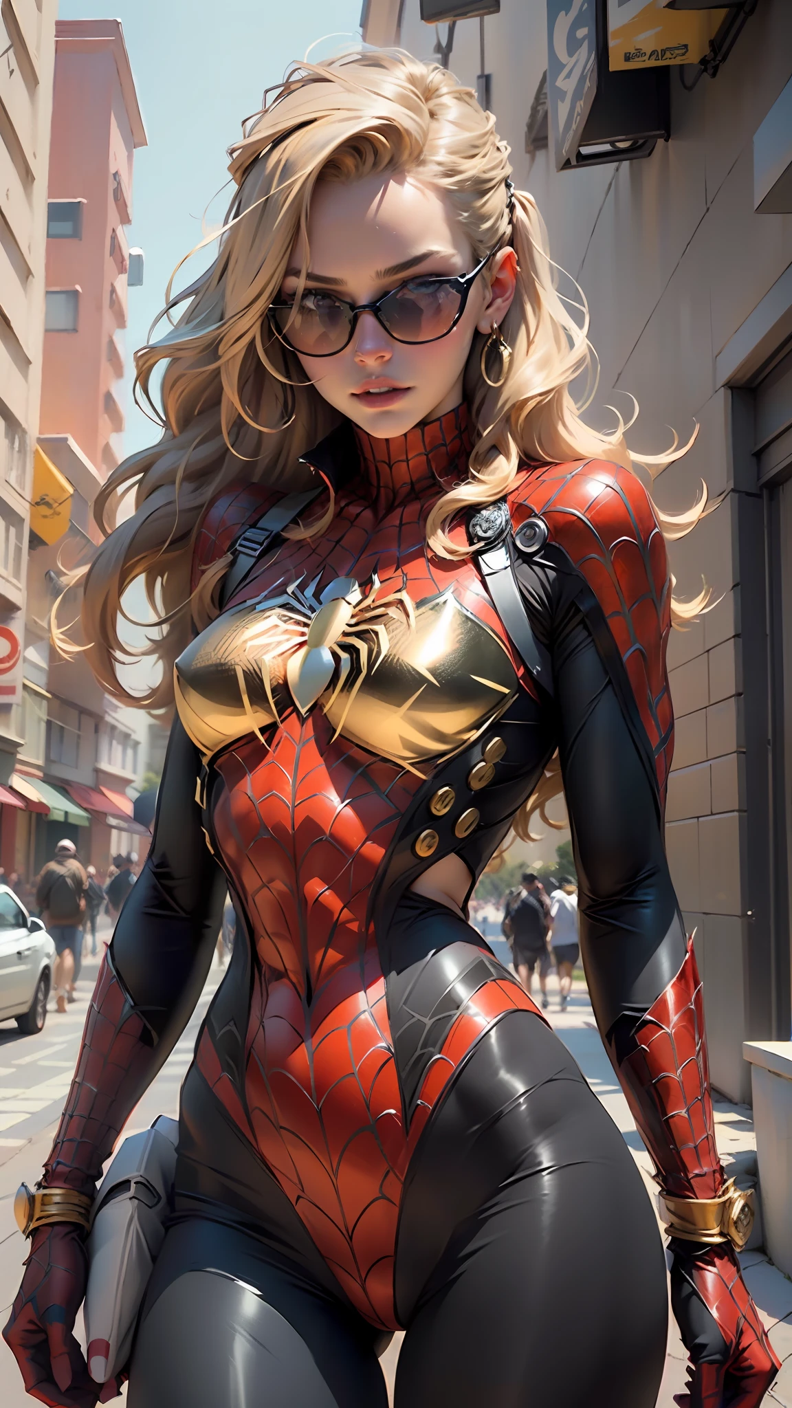 Beautiful blonde woman detailed defined body using gold spider man cosplay, tiny breasts, gold sunglasses