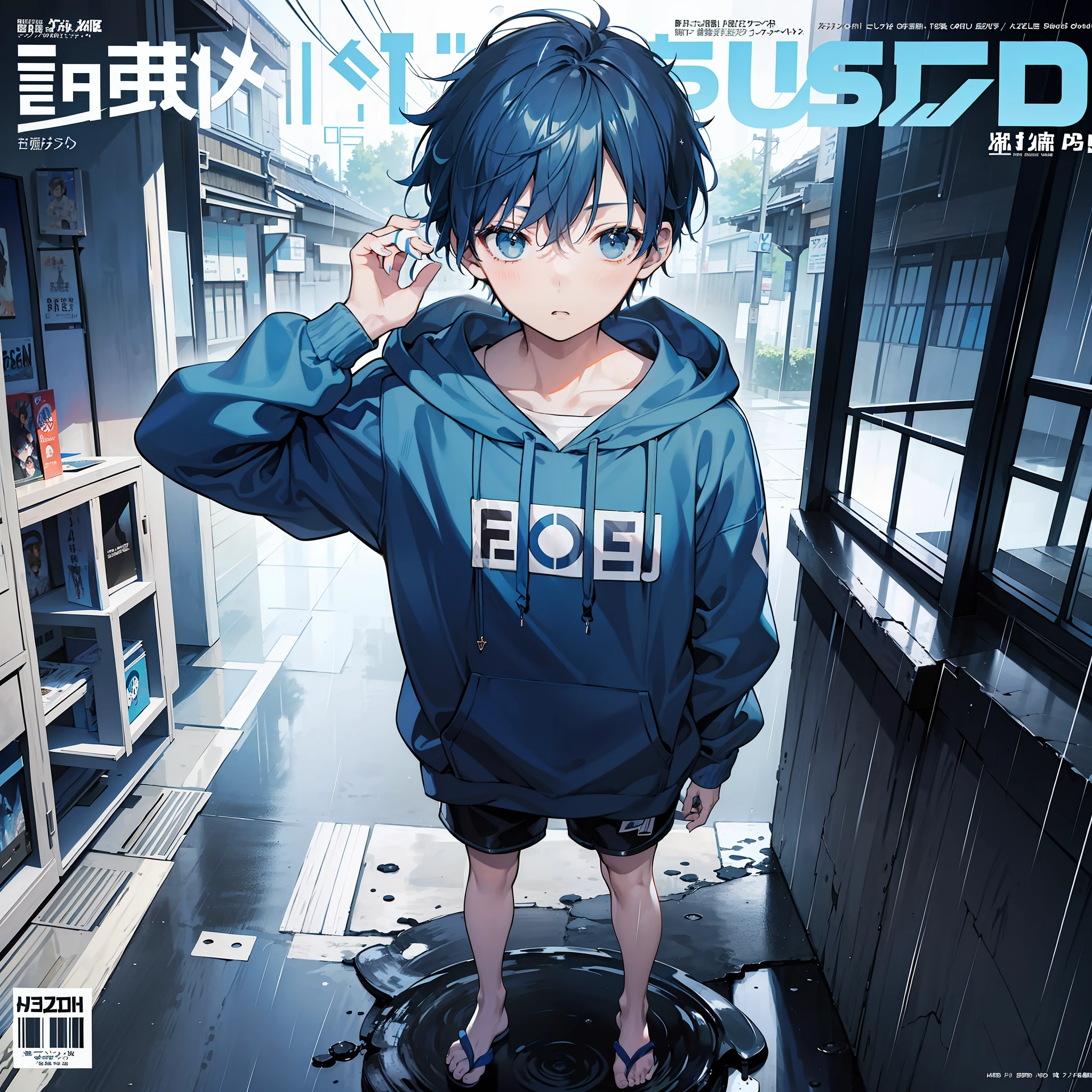 masterpiece, best quality, full body, (1boy), (blue hoodie), (Boy Messy Japanese Round Haircut for Thick Hair), (blue hair), black shorts, (solo), (magazine:1.3), (cover-style:1.3), fashionable, rain
