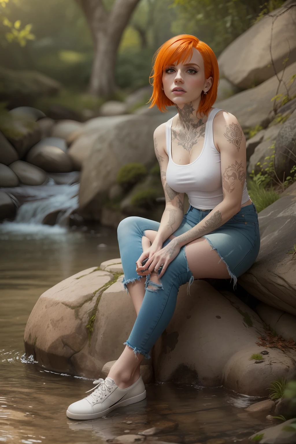 (((Hayley Williams))), ((Hayley Williams sits on a large stone by the creek)), ((tall slender woman)), ((she has round breasts)), ((belly-free white tank top)), ((she wears a short denim skirt)), (Wanderschuhe), ((Bauchnabel)) (kleiner Kopf), ((detailliertes Gesicht)), (fotorealistisch), (Raytracing), (scharfer Fokus), ((natural realistic skin texture))