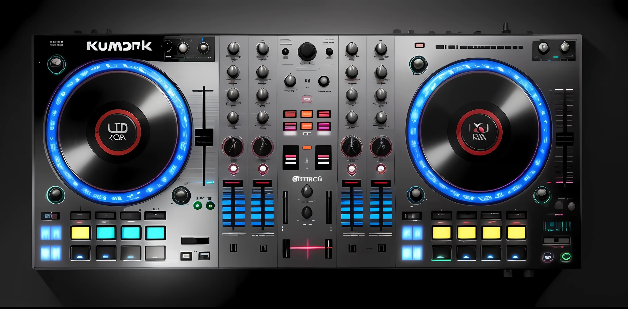 Um close up de um controlador de DJ com um leitor de disco, DJ, Mixer DJ, Conjunto DJ, turntables, DJING com toca-discos DJ, audio equipments, tocando techno house music, Turntablism DJ arranhando, turntablist, Deck do controlador, Carregado, Deck de fitas, olhando parcialmente para a esquerda, DJ em uma festa, black steel with red trim, Mpc