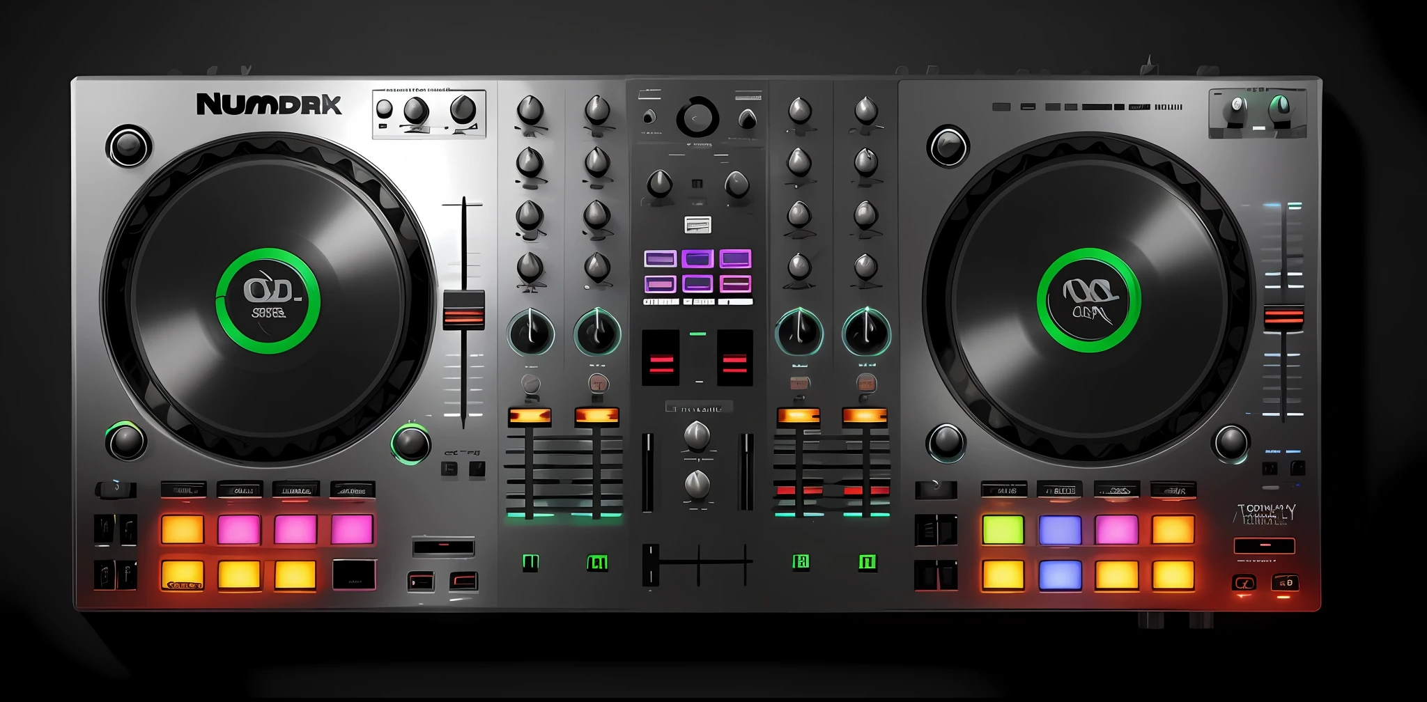 Um close up de um controlador de DJ com um leitor de disco, DJ, Mixer DJ, Conjunto DJ, turntables, DJING com toca-discos DJ, audio equipments, tocando techno house music, Turntablism DJ arranhando, turntablist, Deck do controlador, Carregado, Deck de fitas, olhando parcialmente para a esquerda, DJ em uma festa, black steel with red trim, Mpc