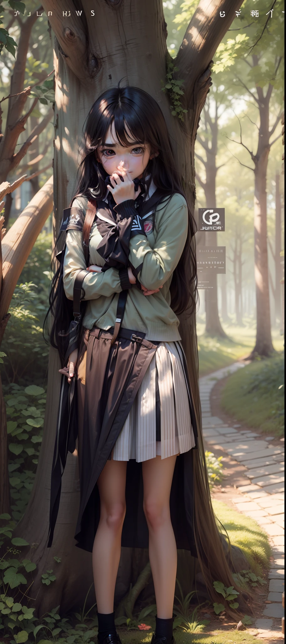 Beautiful long-haired girl,Has long black hair,Wearing a JK uniform,Slightly shy cheeks,Cover your mouth with your hands,Leaning against a tree,Look at you with big beautiful eyes