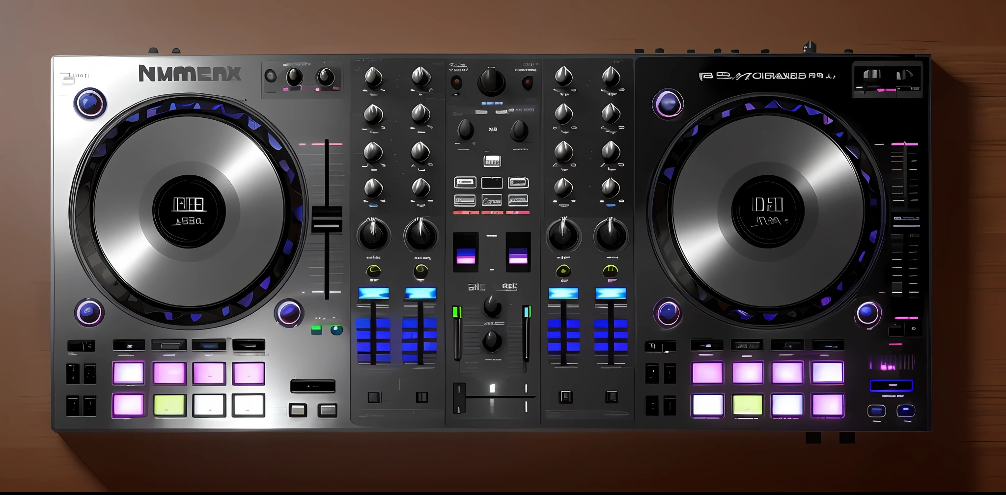 Um close up de um controlador de DJ com um leitor de disco, DJ, Mixer DJ, Conjunto DJ, turntables, DJING com toca-discos DJ, audio equipments, tocando techno house music, Turntablism DJ arranhando, turntablist, Deck do controlador, Carregado, Deck de fitas, olhando parcialmente para a esquerda, DJ em uma festa, black steel with red trim, Mpc