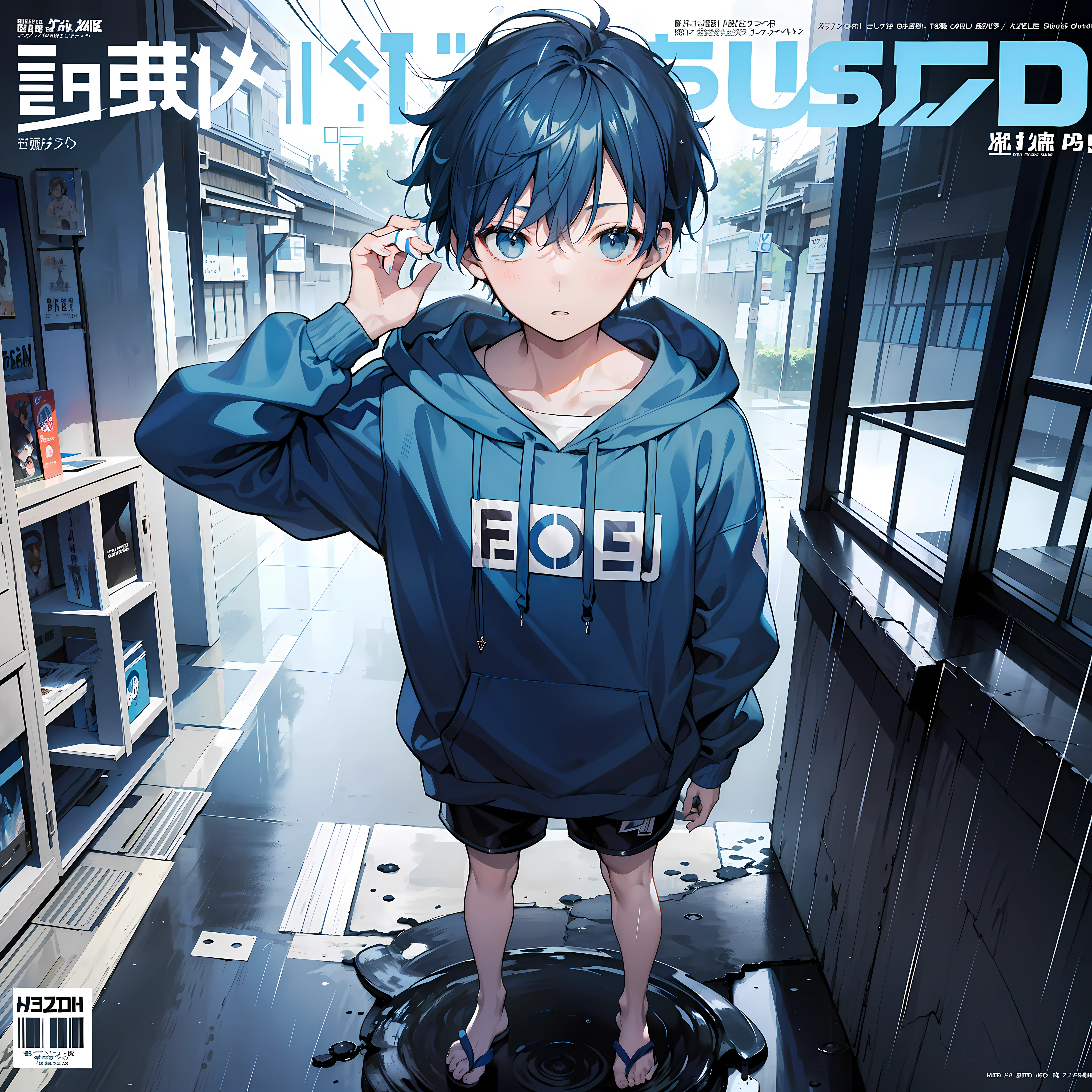masterpiece, best quality, full body, (1boy), (blue hoodie), (Boy Messy Japanese Round Haircut for Thick Hair), (blue hair), black shorts, (solo), (magazine:1.3), (cover-style:1.3), fashionable, rain