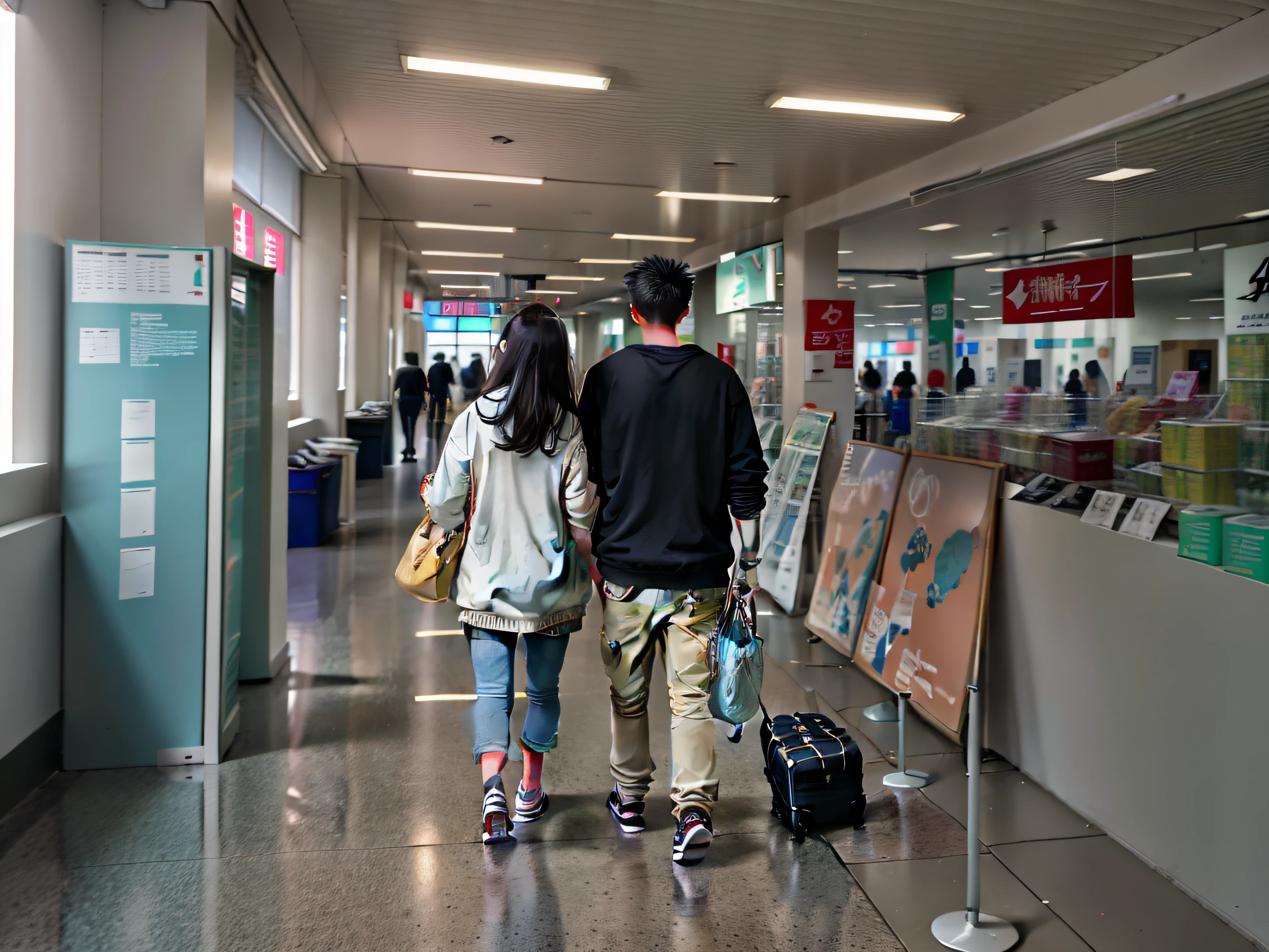 Two people walked down the corridor of a building, People walking around, exiting store, man and woman walking together, with many travelers, back to us, Ruan Jia and Fenghua Zhong, 😭🤮 💔, hidden camera photo, people watching around, people shopping, so i advised her to get in line, Go to the right