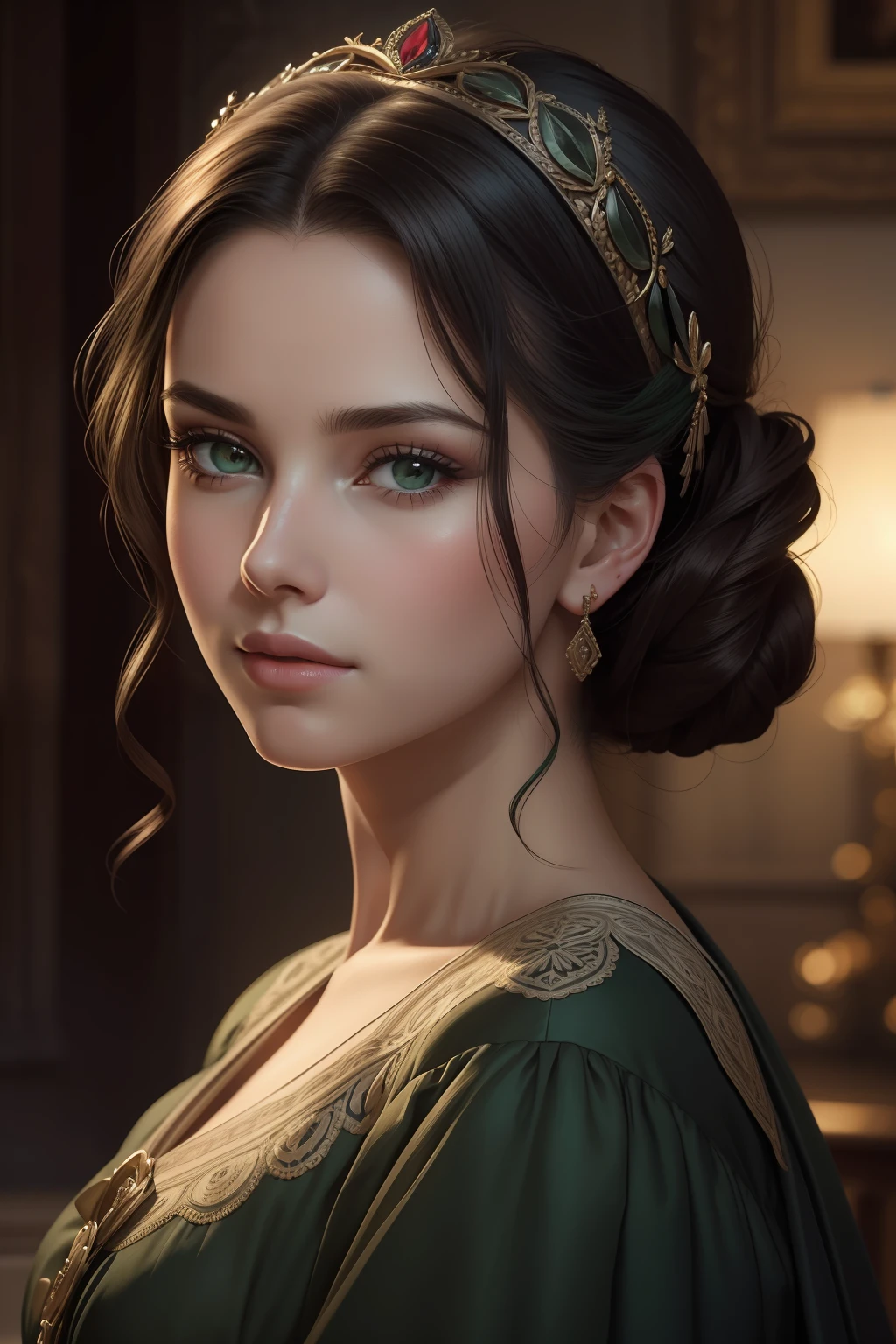 Masterpiece, best quality, RAW, analog style, A stunning portrait in the gardens of a grand English countryside mansion in the year 1850. The woman is Julianne, delicate with black straight hair styled in a bun, dark green eyes, and full lips, around 19 years old, scarlett ohara perfectly detailed facial traits. Create a masterpiece realistic illustration with intricate details capturing their love and emotions. Use clothes appropriate for the time period, and ensure the artwork is highly detailed. Please pay close attention to the details, such as the highlights and shadows on face and hair, to create a lifelike and realistic image. Experiment with different lighting techniques to enhance the mood and atmosphere of the portrait. The final product should be a masterpiece that captures the essence and beauty of the couple, ((highly detailed skin, skin details)), sharp focus, volumetric fog, 8k UHD, DSLR, high quality, film grain, Fujifilm XT3