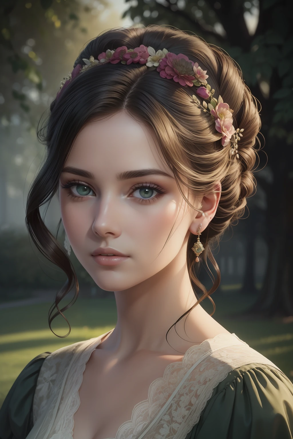 Masterpiece, best quality, RAW, analog style, A stunning portrait in the gardens of a grand English countryside mansion in the year 1850. The woman is Julianne, delicate with black straight hair styled in a bun, dark green eyes, and full lips, around 19 years old, scarlett ohara perfectly detailed facial traits. Create a masterpiece realistic illustration with intricate details capturing their love and emotions. Use clothes appropriate for the time period, and ensure the artwork is highly detailed. Please pay close attention to the details, such as the highlights and shadows on face and hair, to create a lifelike and realistic image. Experiment with different lighting techniques to enhance the mood and atmosphere of the portrait. The final product should be a masterpiece that captures the essence and beauty of the couple, ((highly detailed skin, skin details)), sharp focus, volumetric fog, 8k UHD, DSLR, high quality, film grain, Fujifilm XT3
