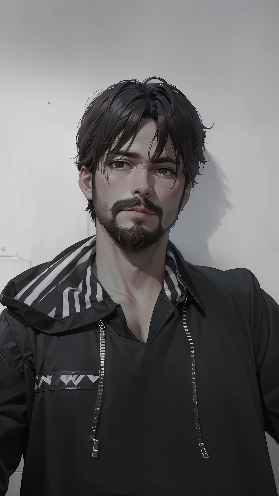 Adult man with beard and dark brown hair, dark brown eyes, black sweatshirt with green details, in a city at night
