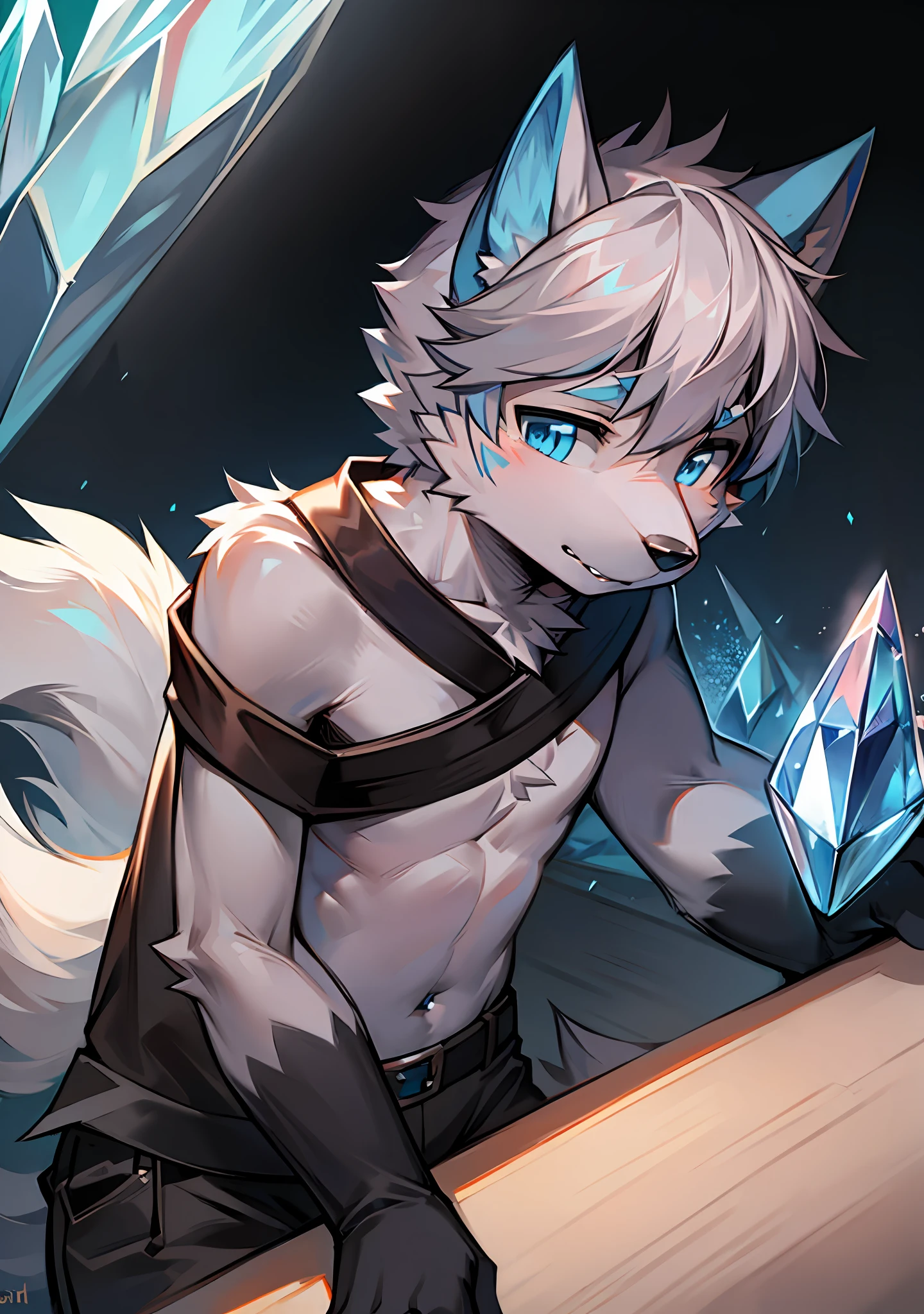 Furry,Wolf Boy,White fur,crystal blue eyes,Single fluffy tail,greyt hair,short detailed hair