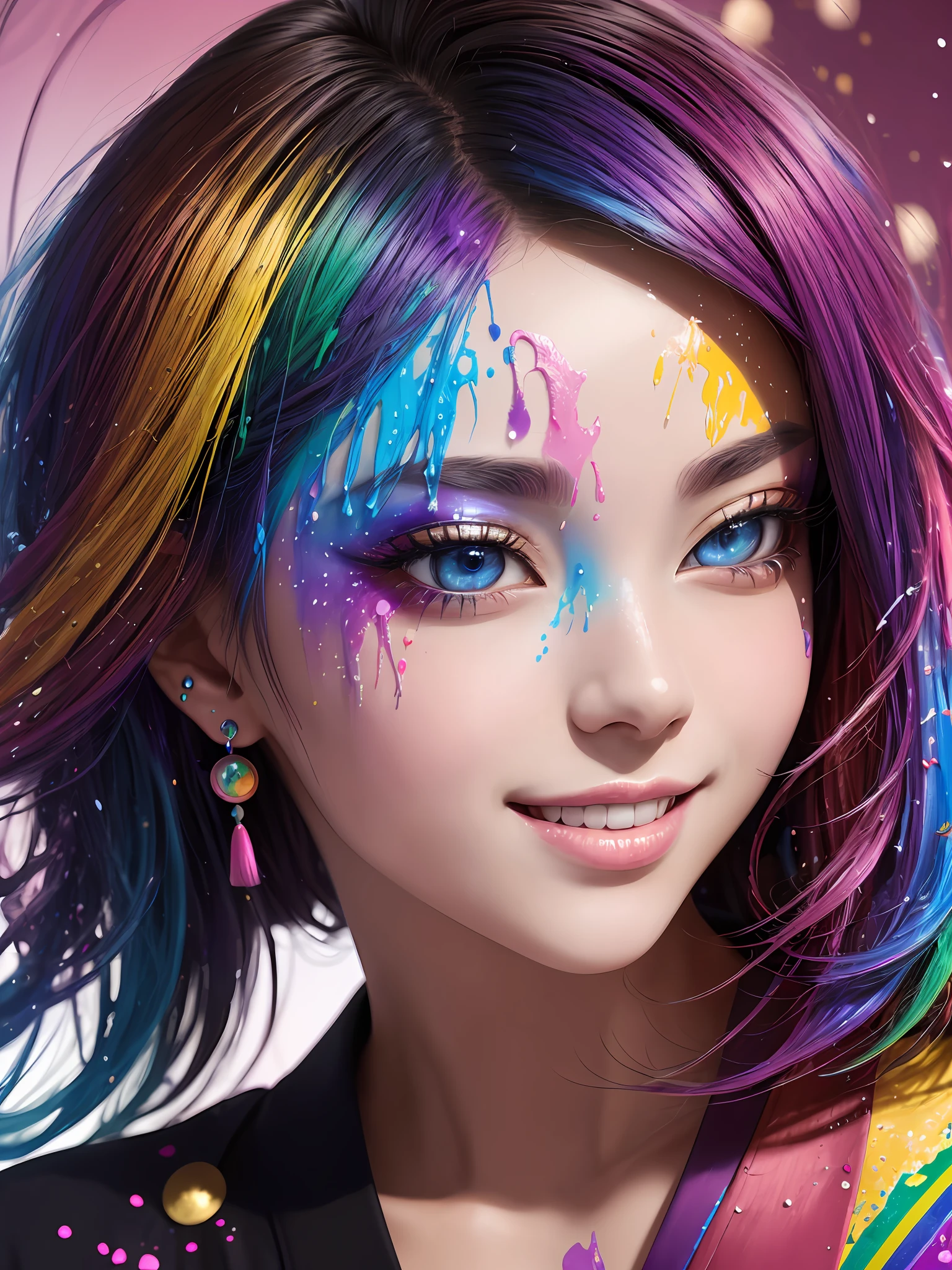 Masterpiece, Top Quality, Ultra Detailed, 8K, Detailed Light, Art, Adult, Beauty, Upper Body, Smile, Ultra Detailed Eyes, Clear Light, Mature, Rainbow Colored Hair, Rainbow Paint Yukata, Hair Ornament, Piercing, Kanzashi, Purple Nail, Background is Kyoto in Summer, Sunlight, Colorful Paint Explosion and Splatter, Rainbow Paint Background, Colorful Background Full Paint, Rainbow Color Yukata, Super Fine Texture Yukata, All Rainbow Paint, HDR, (Complex Detail, Super Detail: 1.15), Gorgeous Lighting, Rainbow, Paint Splatter, Splash, Very Rainbow, --auto