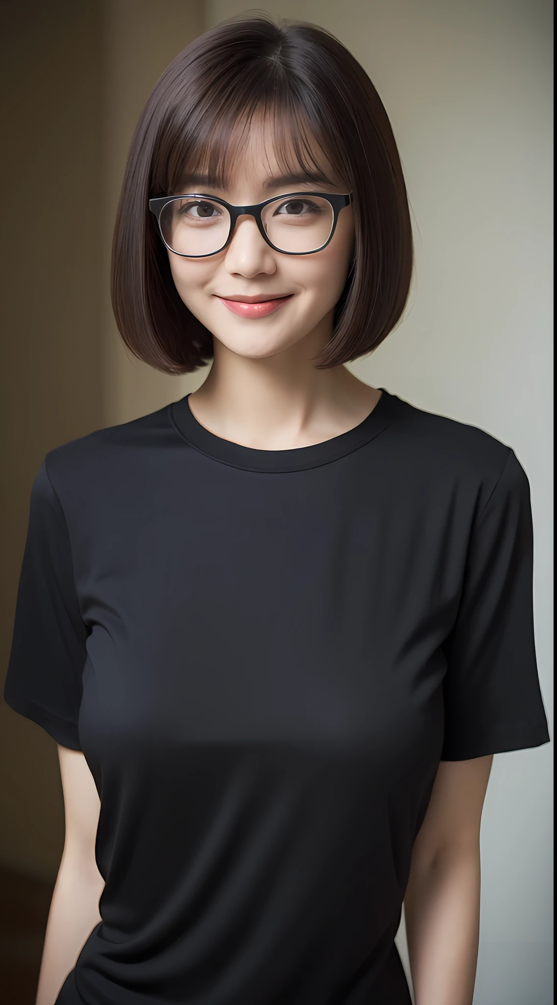 ((Best Quality, 8K, Masterpiece: 1.3)), 1girl, Slim Abs Beauty: 1.3, (bob haircut, Casual, big Breasts: 1.2), plain black t shirt, Super Fine Face, glasses, standing straight facing to viewer, Delicate Eyes, Smile, full body, ultra realistic photography, Home