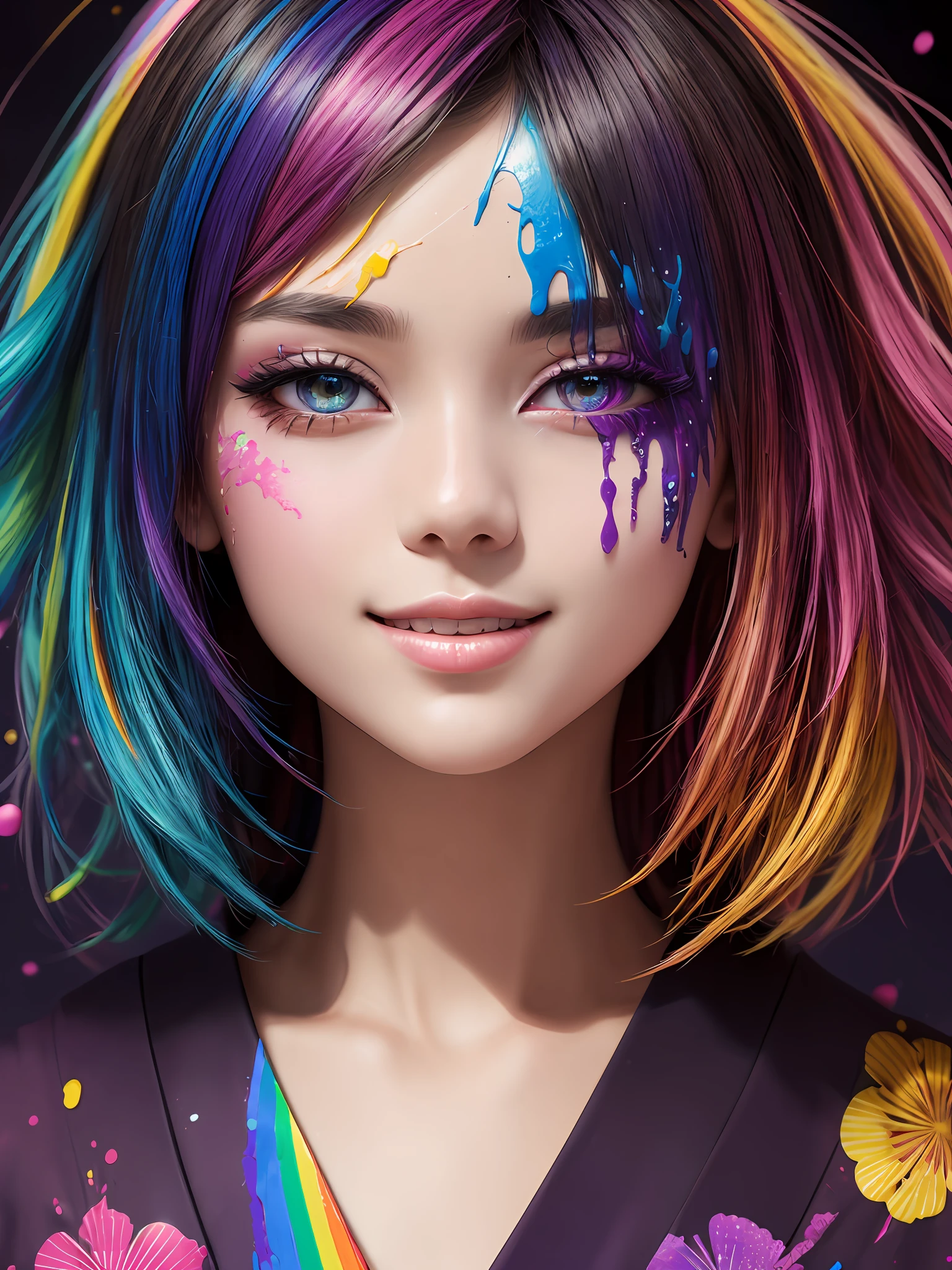 Masterpiece, Top Quality, Ultra Detailed, 8K, Detailed Light, Art, Adult, Beauty, Upper Body, Smile, Ultra Detailed Eyes, Clear Light, Mature, Rainbow Colored Hair, Rainbow Paint Yukata, Hair Ornament, Piercing, Kanzashi, Purple Nail, Background is Kyoto in Summer, Sunlight, Colorful Paint Explosion and Splatter, Rainbow Paint Background, Colorful Background Full Paint, Rainbow Color Yukata, Super Fine Texture Yukata, All Rainbow Paint, HDR, (Complex Detail, Super Detail: 1.15), Gorgeous Lighting, Rainbow, Paint Splatter, Splash, Very Rainbow, --auto