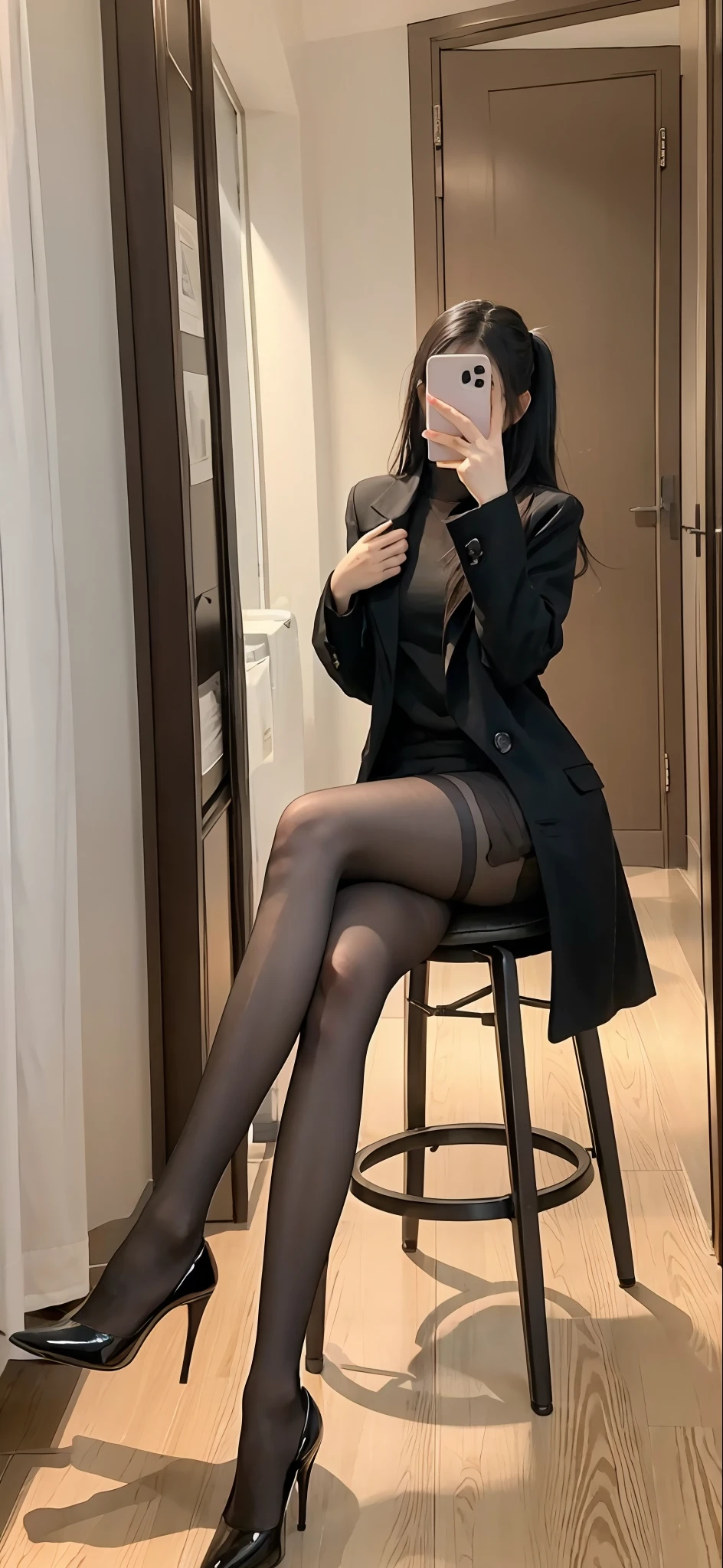 there is a woman sitting on a chair taking a picture of herself, Noble ponytail hair。lady in black coat and pantyhose, Normal legs, pretty face with arms and legs, Long thin legs, 19-year-old girl, gorgeous chinese models, very beautiful long slim legs, Crossed legs, pantyhose tights, nylon tights, photo of slim girl, Full legs, Legs