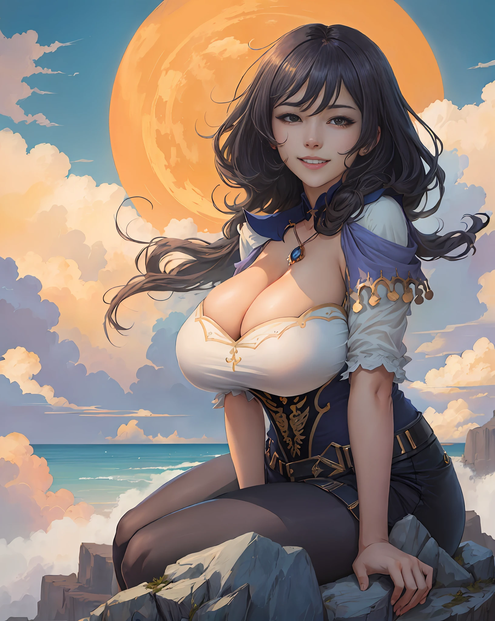 A young beautiful witch, smiling, (full body, detailed face), detailed cleavage,
sitting on a rock, outdoor, blue sky,
natural lighting, anime style, (8K, UHD, hires, high resolution, best quality), 1girl, masterpiece, hyperdetailed, realistic lighting, realistic, low angle camera, (high quality anime, by Makoto Shinkai), milf, milfification,huge boobs
lisa \(genshin impact\)