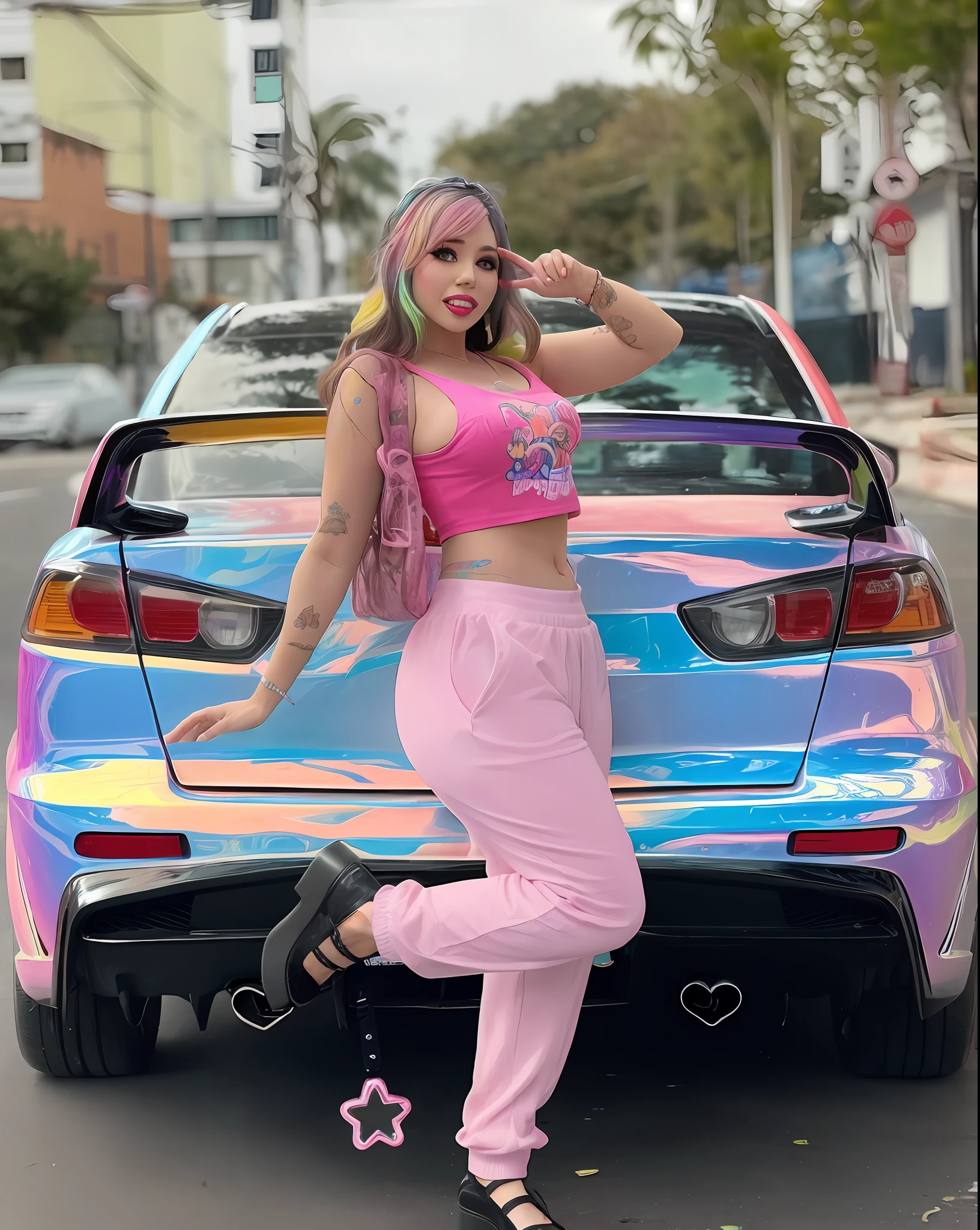 Araffe girl in pink pants and a pink top next to a car, estilo e cores outrun, y estilo 2k, estilo y2k, estilo outrun, Alex Yanes e Lisa Frank, Holographic, standing in front of lowrider, Estilo Lisa Frank, Roupa cromada, Decora Inspirado, car with holographic paint, linda Delphine, anime ultra