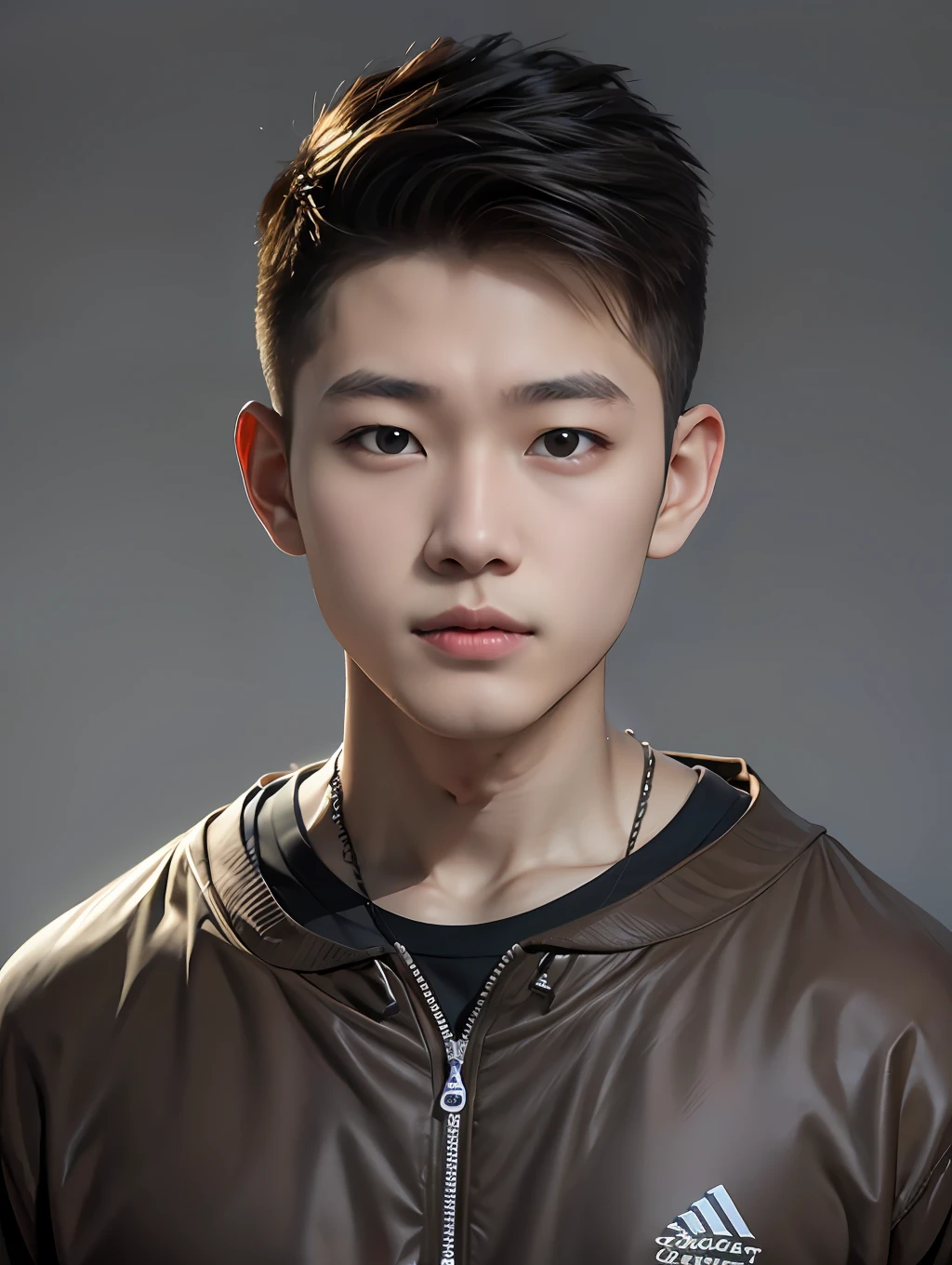 A 17-year-old male high school student，Wear a brightly colored PVC sweatshirt，Facing the camera
