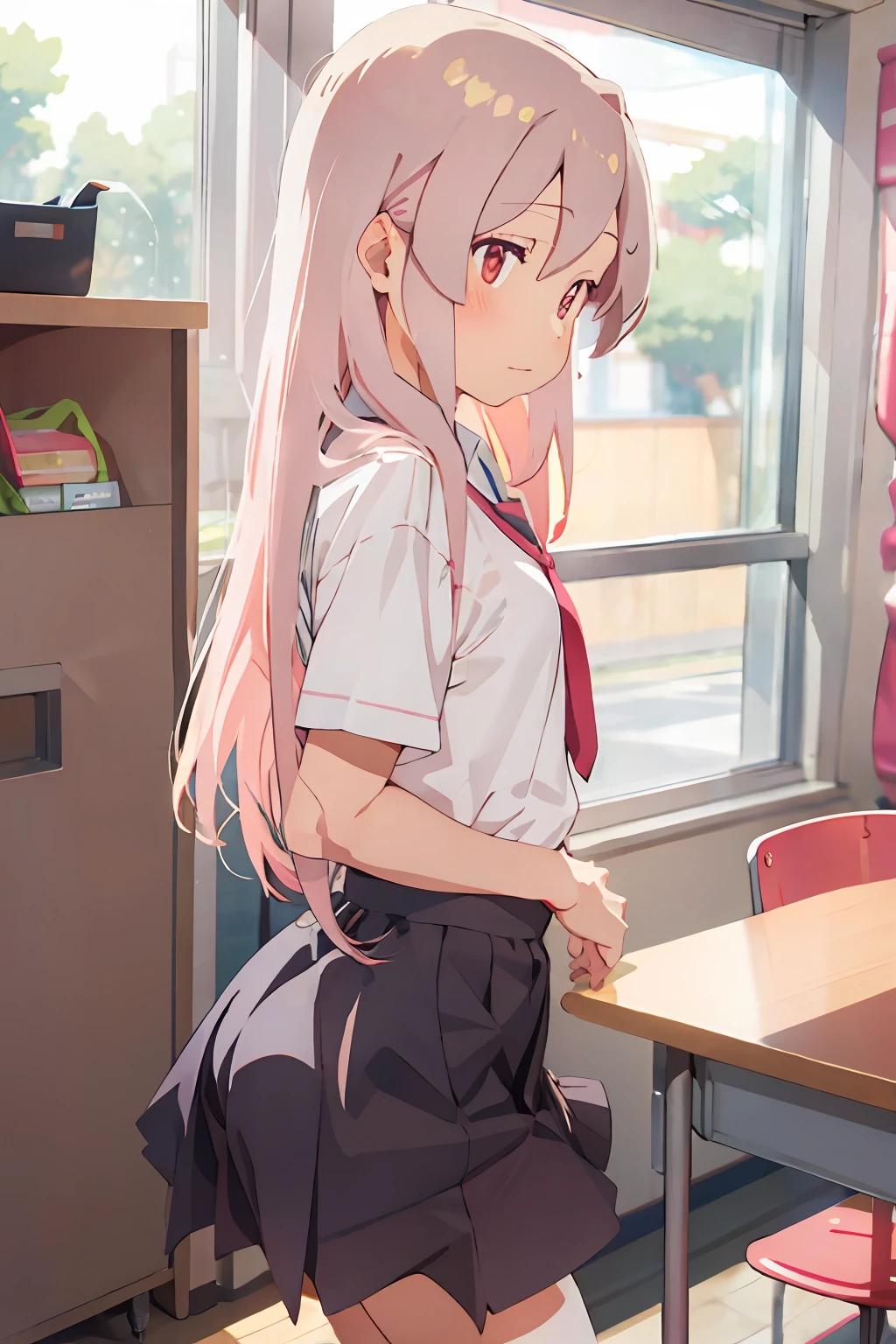 1 long hair, girl in school uniform (short sleeves), miniskirt, pink hair, looking away, standing, embarrassed, blushing, mouth closed, anime, classroom, (underwear is white)