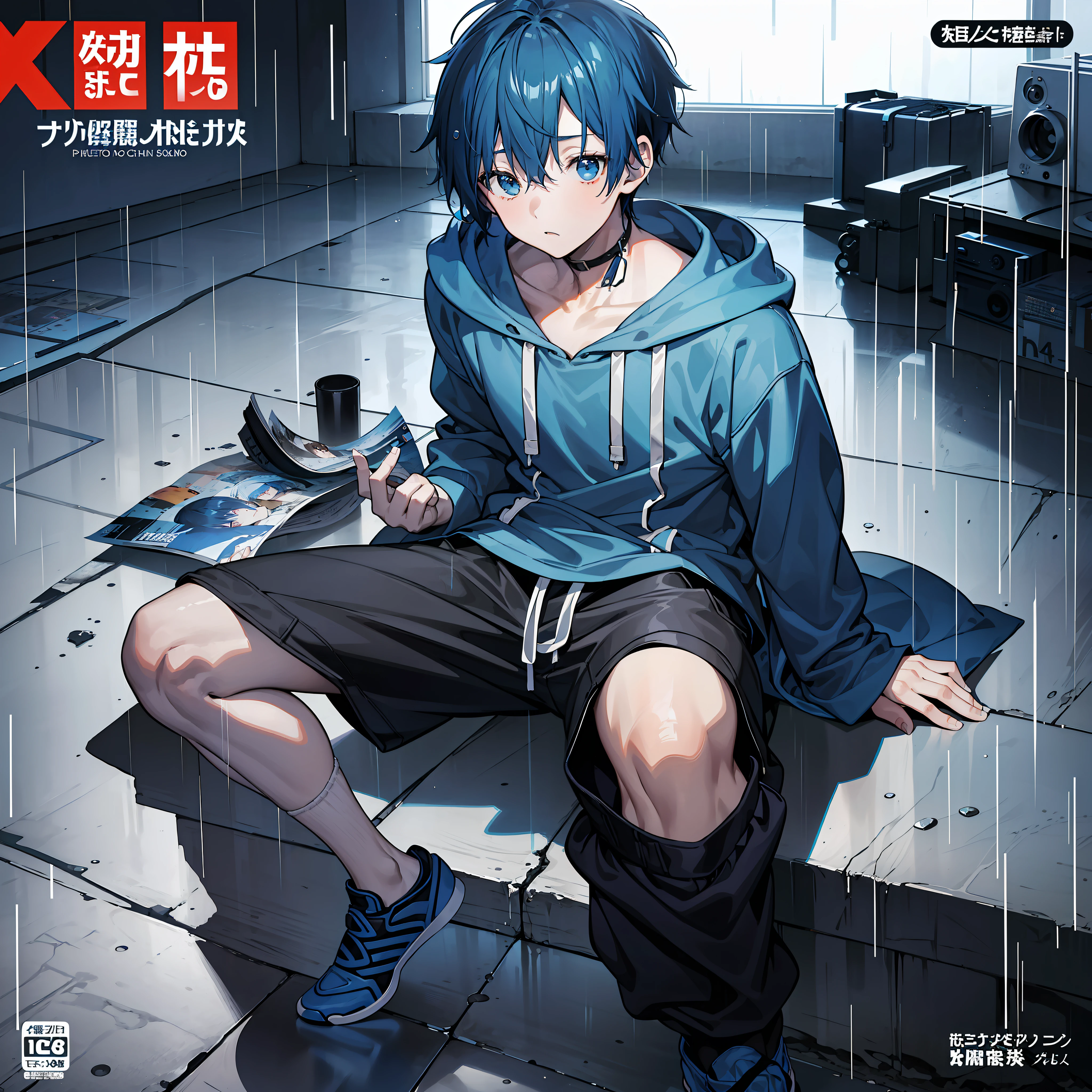 masterpiece, best quality, full body, (1boy), (blue hoodie), (Boy Messy Japanese Round Haircut for Thick Hair), (blue hair), black shorts, (solo), (magazine:1.3), (cover-style:1.3), fashionable, rain