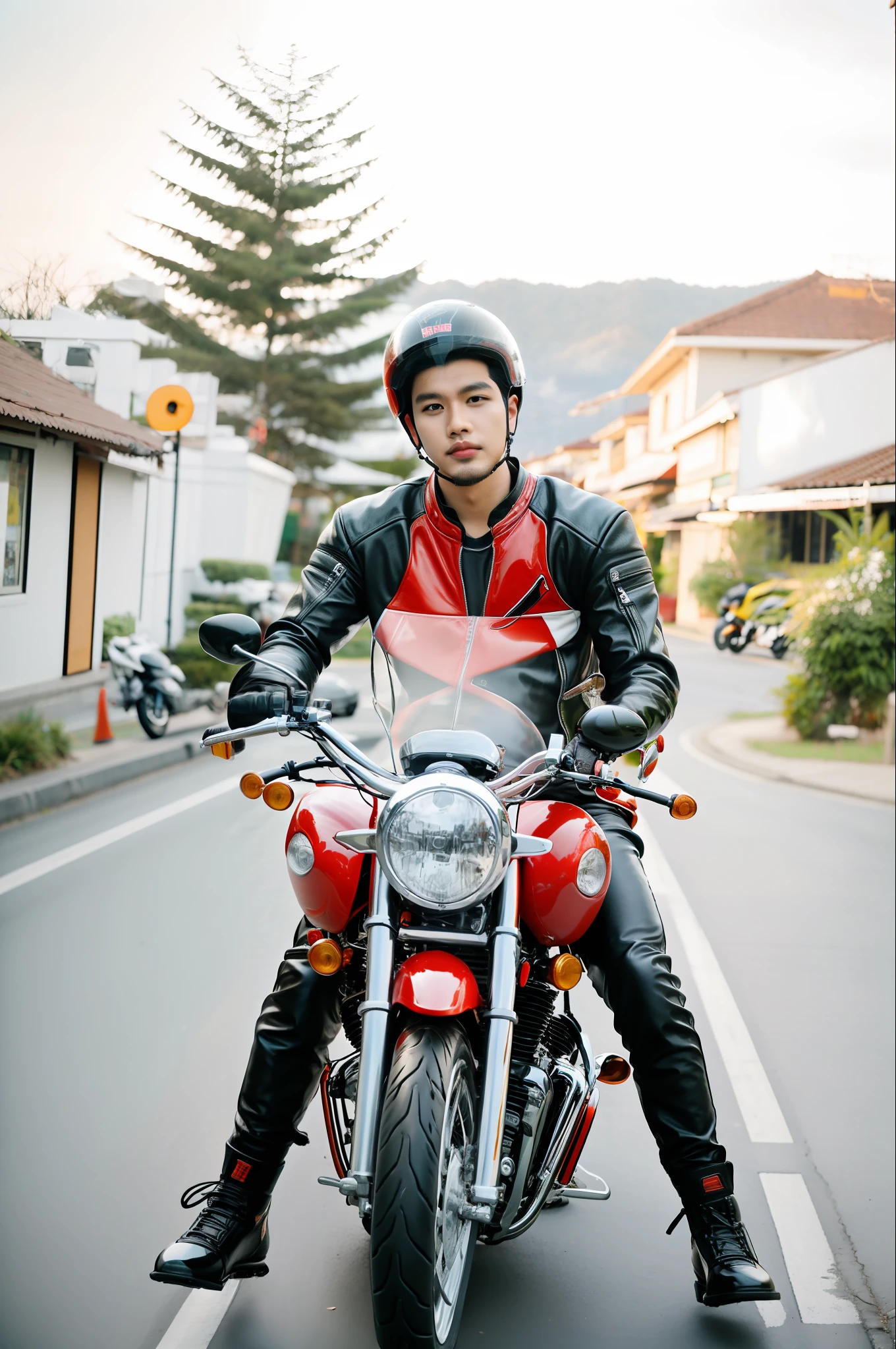 there is a man sitting on a motorcycle with a helmet on, style of ade santora, mohamed chahin style, ayan nag, motorbiker, by Abidin Dino, full protrait, by Basuki Abdullah, ramil sunga, motorcycle, mid shot portrait, in style of davey adesida, thawan duchanee, with a cool pose