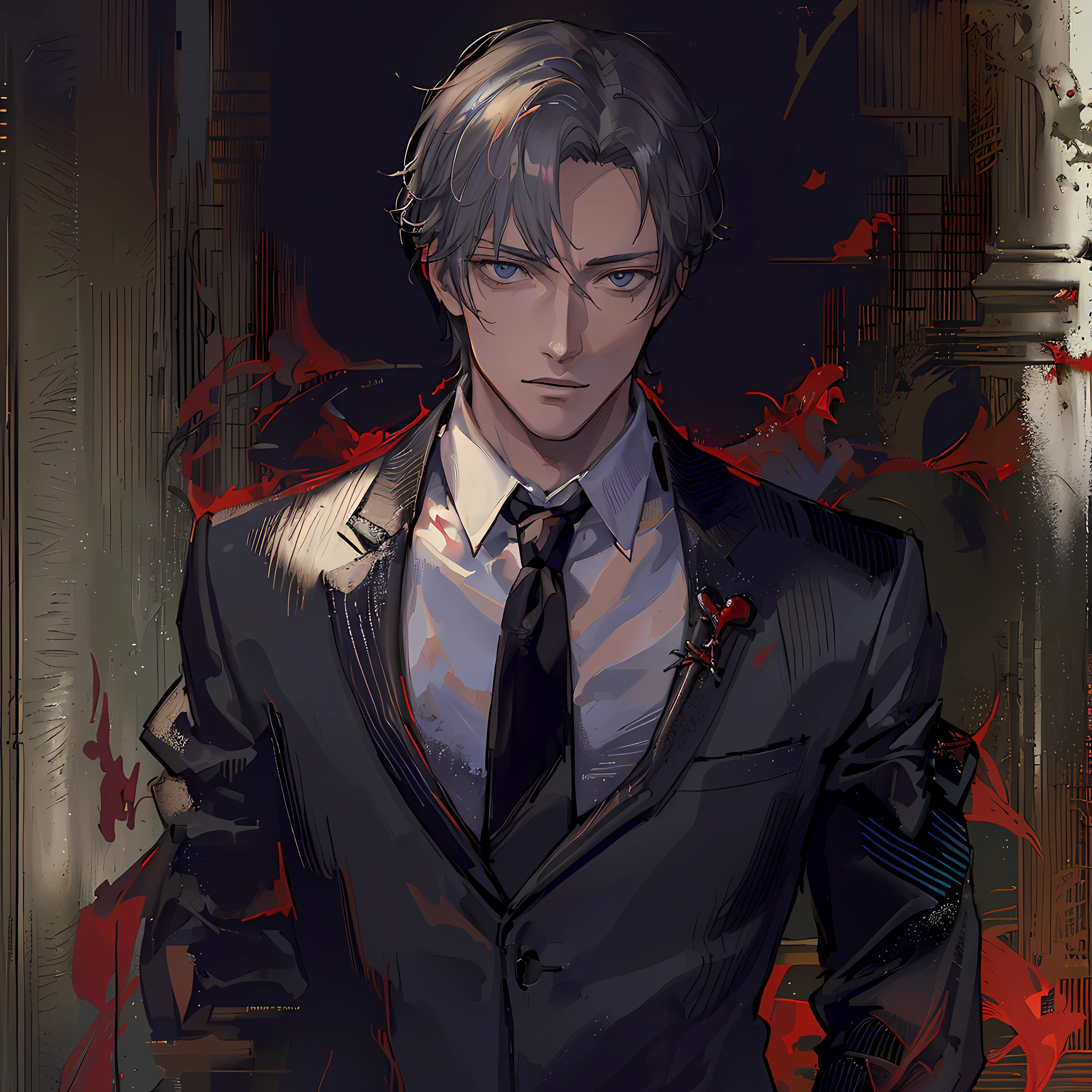 Anime characters wearing suits and ties，blood splattere, handsome guy in demon killer art, johan liebert mixed with alucard, zerochan art, shigenori soejima illustration, Anime handsome man, Anime portrait of a handsome man, johan liebert mixed with dante, Tall anime guy with blue eyes, author：Shitao