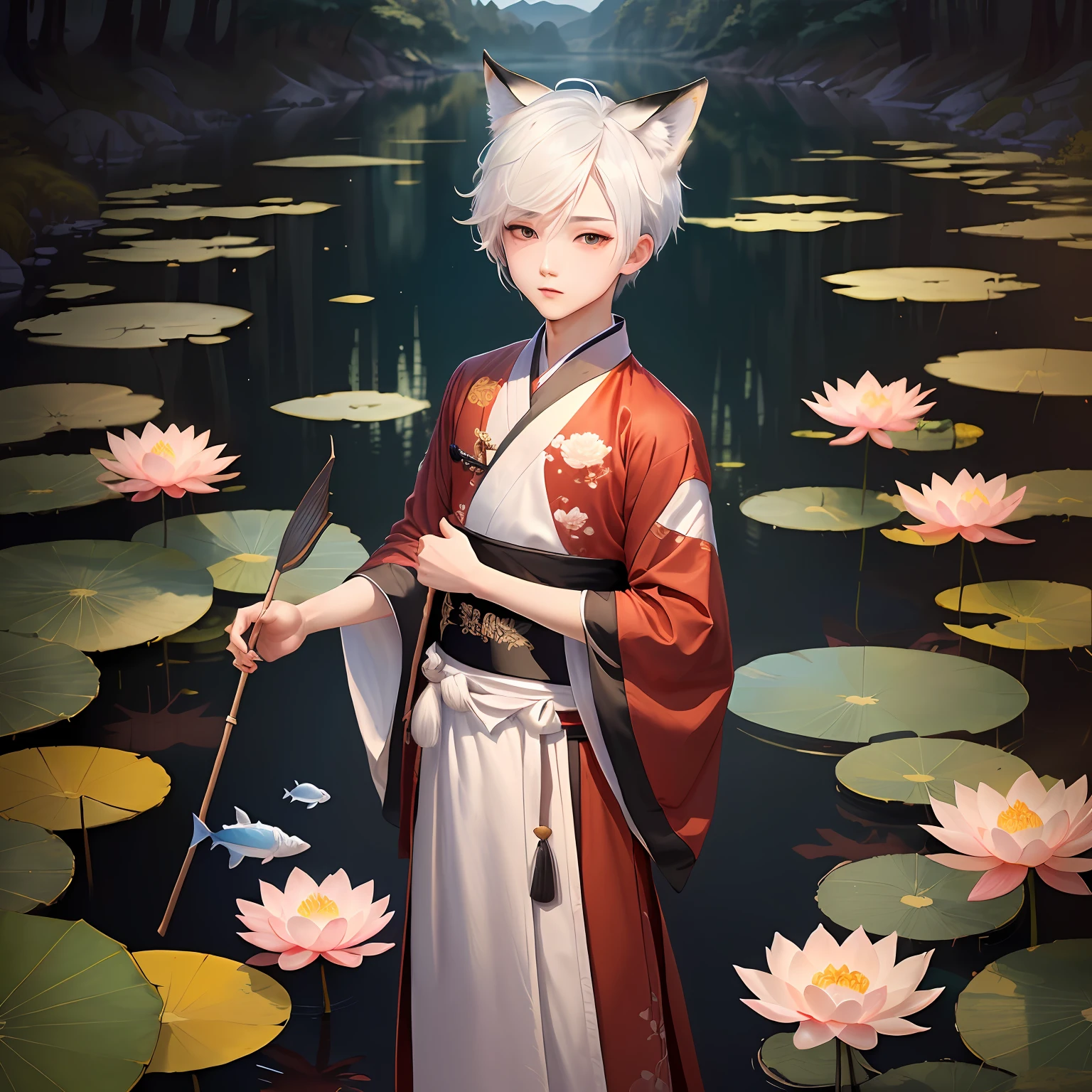 ((4k,masterpiece,best quality)), shuimobysim, traditional chinese ink painting, lotus, hanfu, maxiskit, dress conservatively
1 boy, solo, white hair, fox ears, white, fish, many fish near boy, look at viewer, tease,onee-shota,