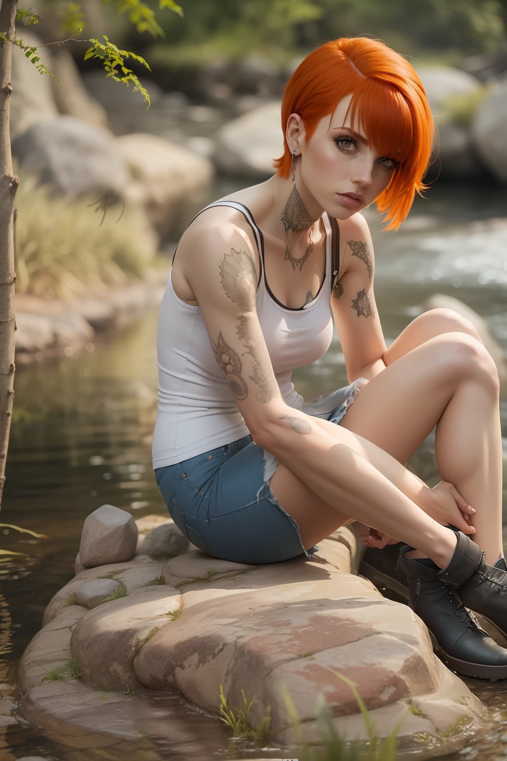 (((Hayley Williams))), ((Hayley Williams sits on a large stone by the creek)), ((tall slender woman)), ((she has round breasts)), ((belly-free white tank top)), ((she wears a short denim skirt)), (Wanderschuhe), ((Bauchnabel)) (kleiner Kopf), ((detailliertes Gesicht)), (fotorealistisch), (Raytracing), (scharfer Fokus), ((natural realistic skin texture))