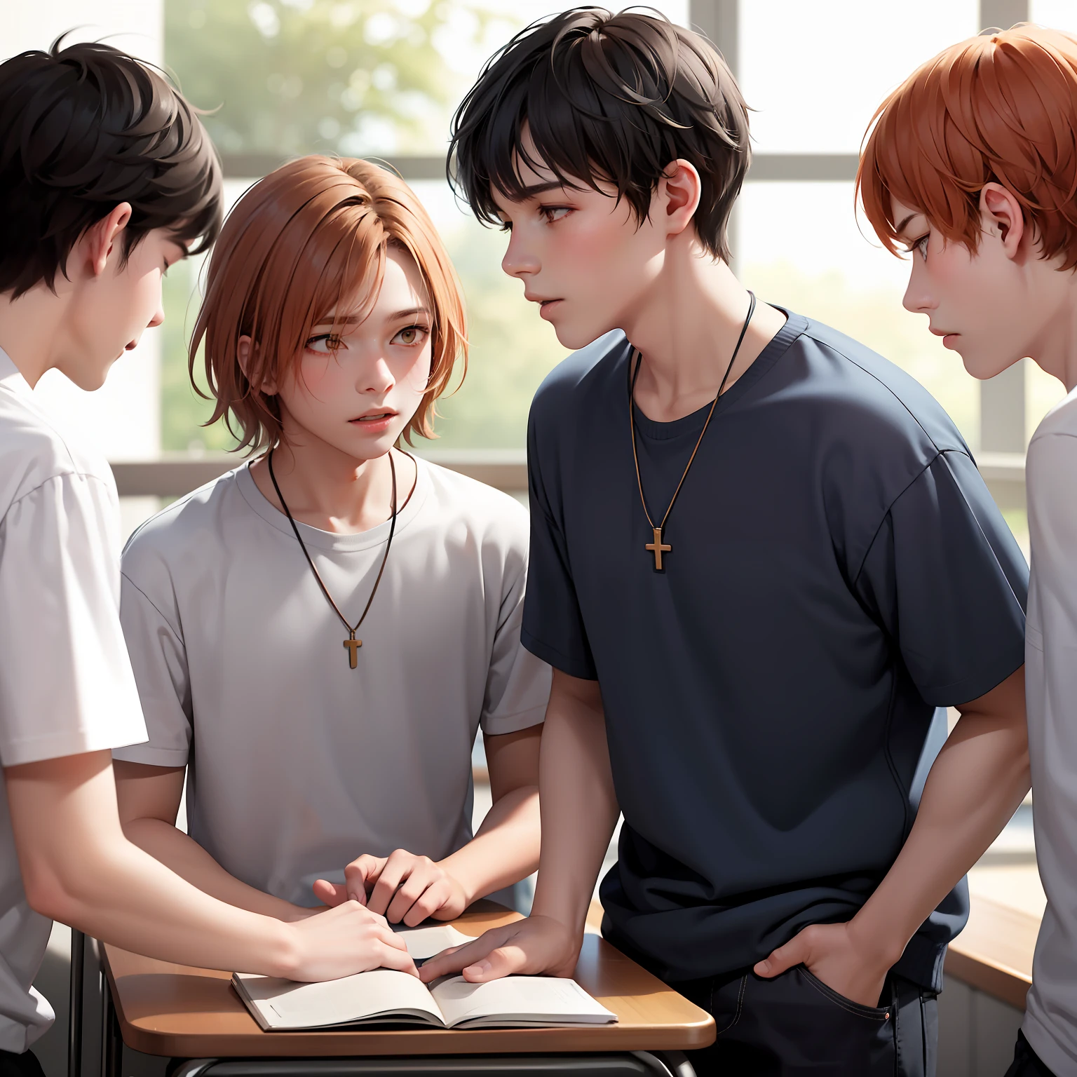 15-year-old male adolescents with brown Latin skin and orange hair, estan en la escuela hablan preocupados sobre algo importante