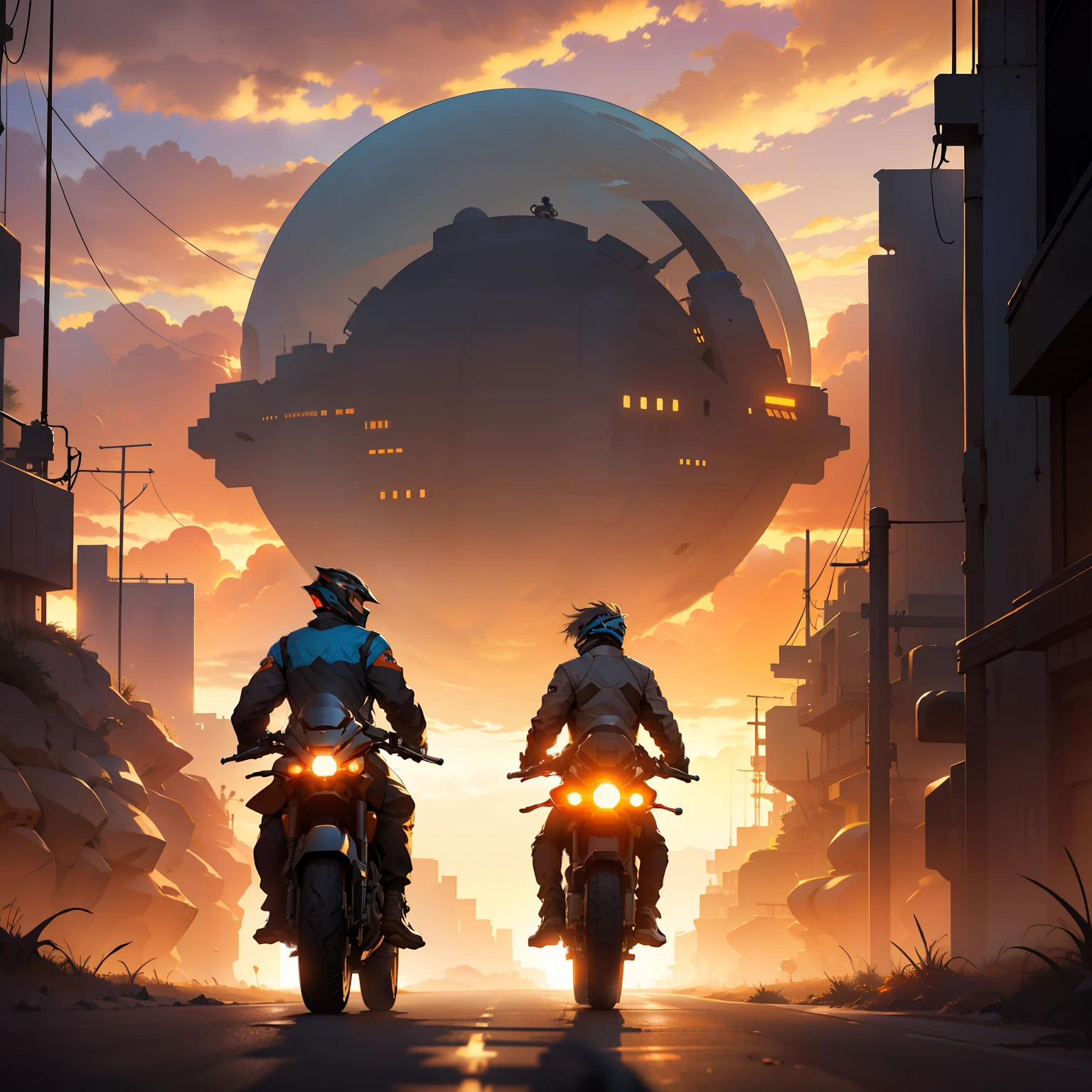 Two Riders of the Time riding side by side on two cool motorcycles into the dusty cloudy orange sunset in a desolated valley on a path leading to a futuristic city scape on the horizon into an oasis of blue sunny sky. camera from behind