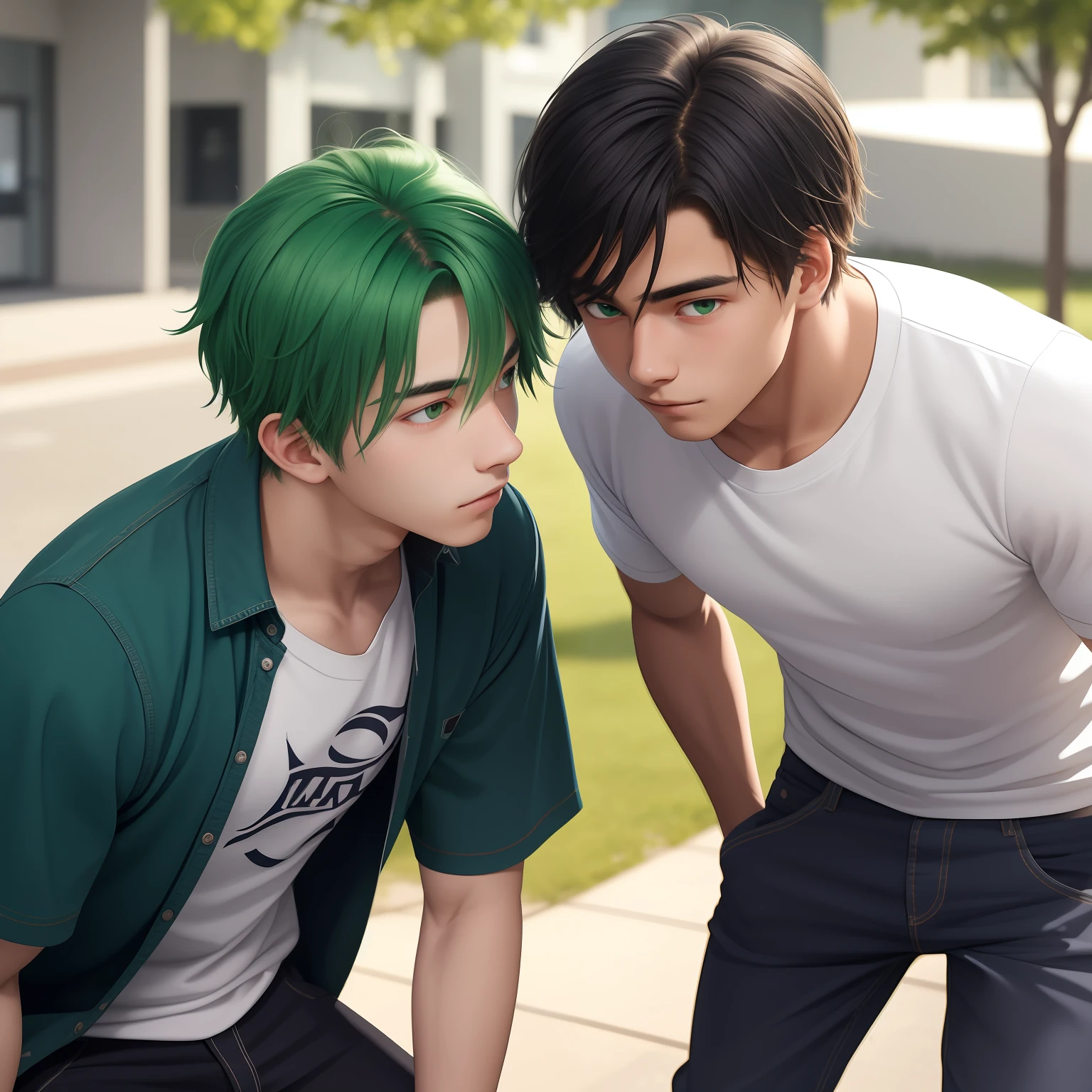 Two 15-year-old teenage male friends with Latin skin and bright green hair Light green eyes at school are talking about an important topic are friends almost like brothers.......